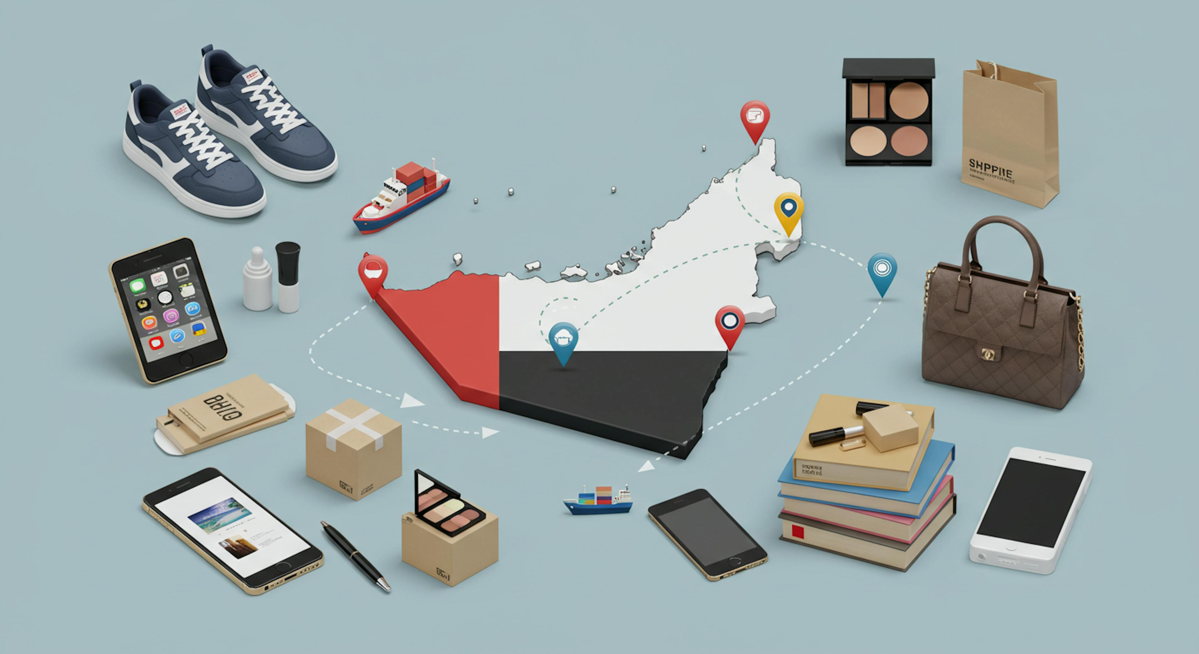 A vibrant, flat-lay style image showcasing a variety of products commonly purchased from US online stores and shipped internationally. Includes items like a smartphone, a pair of sneakers, a designer handbag, a makeup palette, a stack of books, and a small electronic gadget. Overlay a subtle map of the United Arab Emirates in the background, slightly faded. 