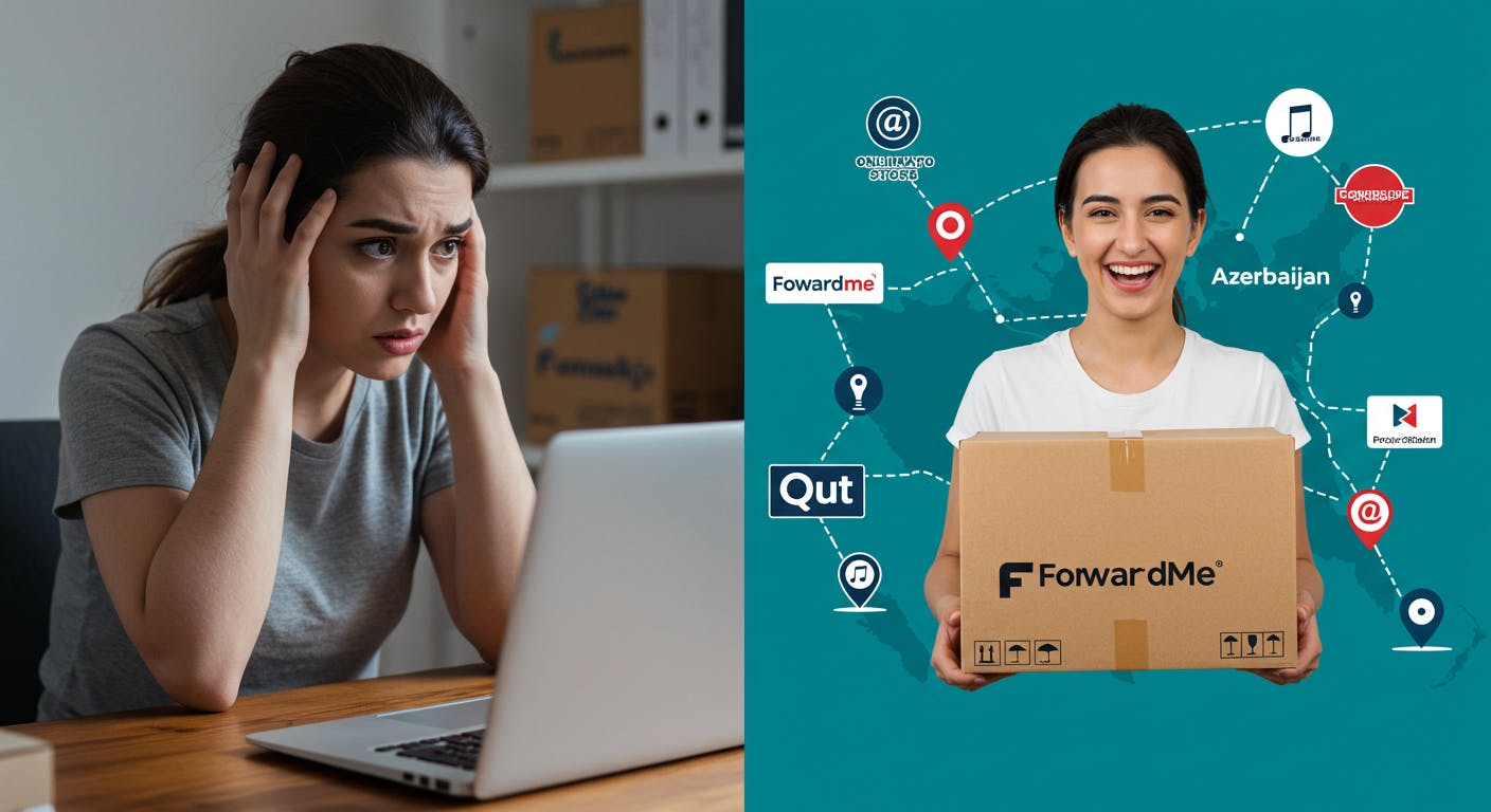 A split-screen image. On one side, a person in Azerbaijan looking frustrated at a laptop screen showing a 'We do not ship to your country' message. On the other side, the same person smiling and holding a package, with a background showing iconic US online store logos and the Forwardme logo, all superimposed on a map connecting the US and Azerbaijan.