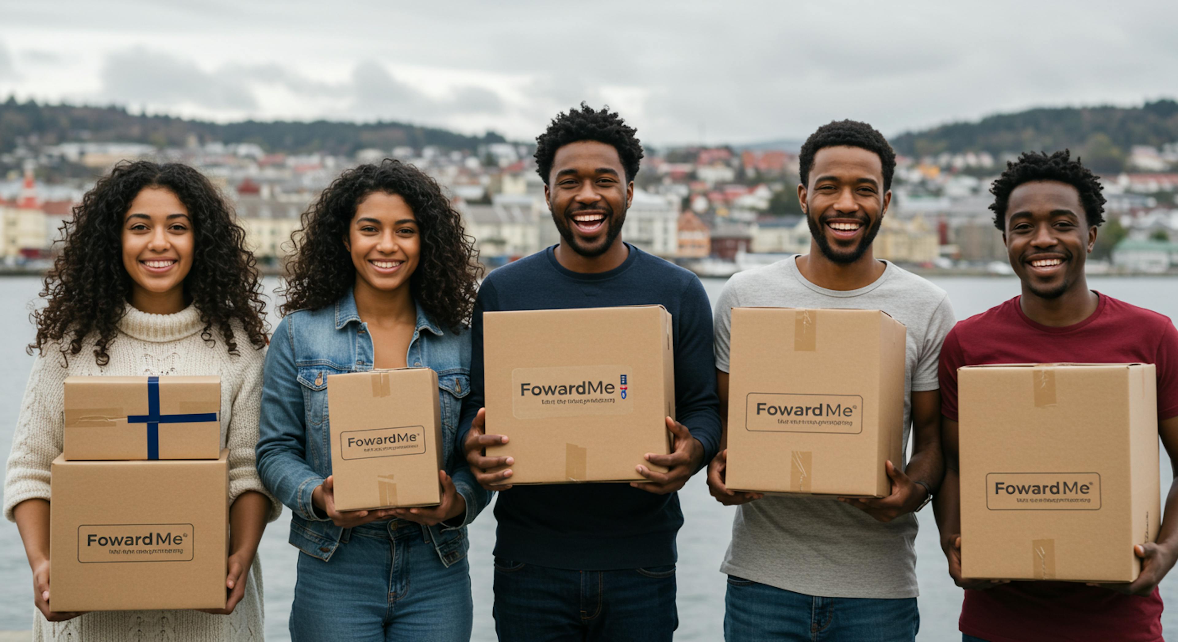 A photorealistic image of a diverse group of happy people receiving packages in Norway, with the ForwardMe logo subtly incorporated. The background should suggest a Norwegian city or landscape. 