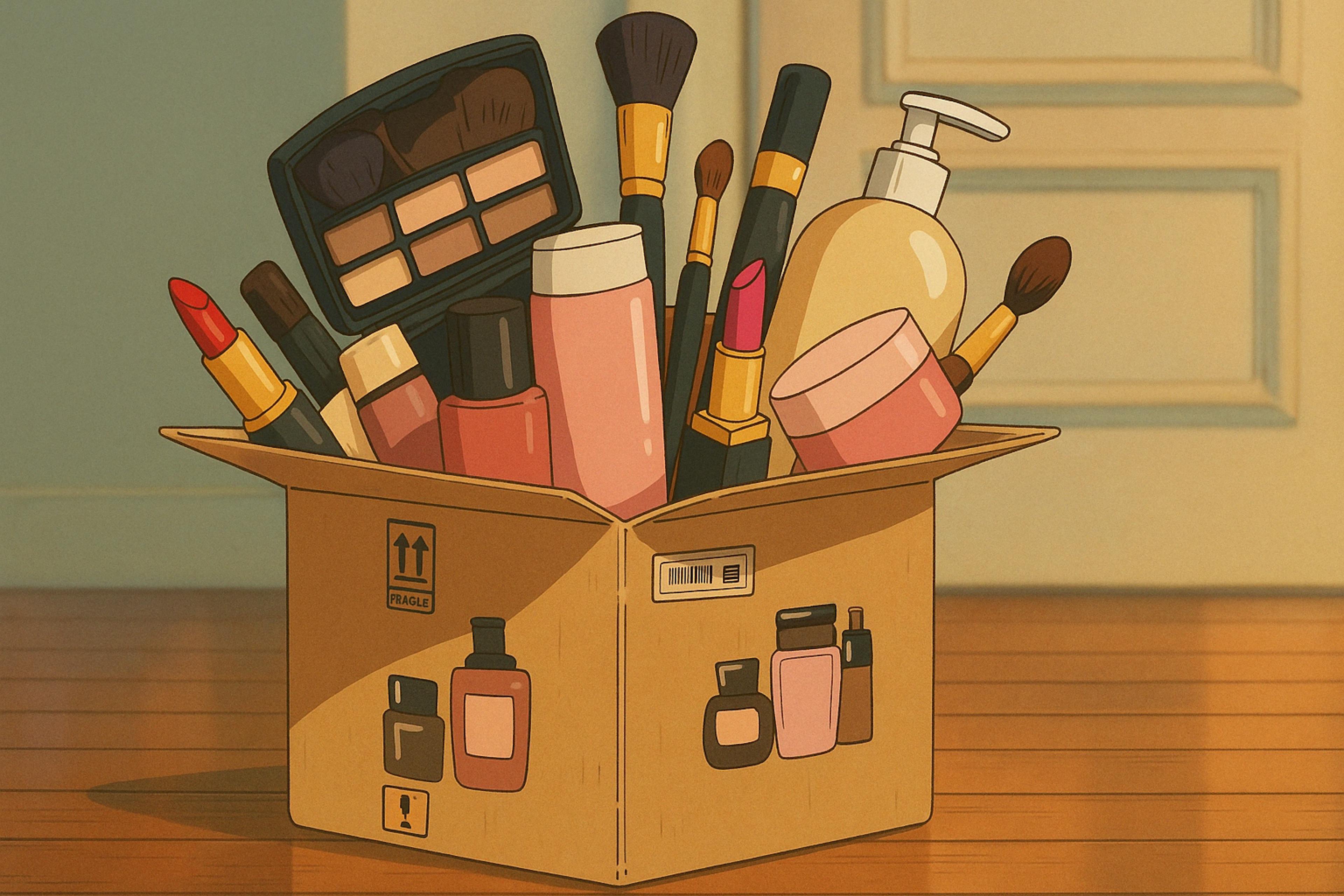 an open cardboard box overflowing with colorful makeup products, including lipsticks, brushes, bottles, and an eyeshadow palette, set on a warm wooden floor with soft natural light and a white paneled door in the background.