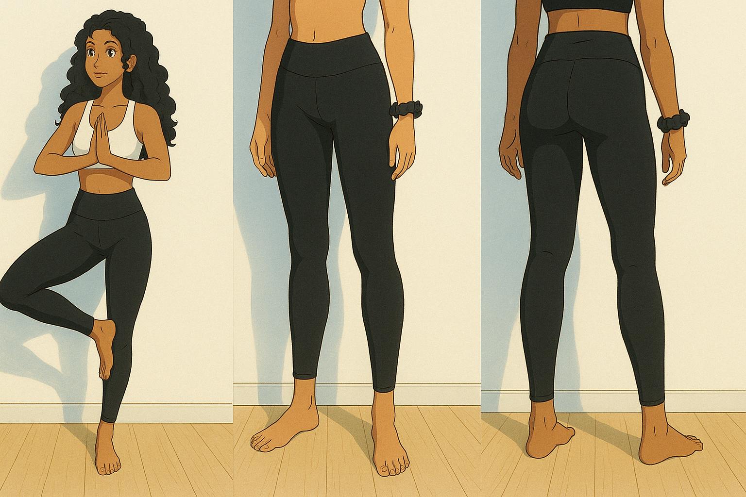 animated illustration triptych shows a young woman modeling black yoga leggings in three views—doing a yoga pose, standing front-facing, and standing with her back turned. The setting features soft natural light, a white wall, and wood flooring, creating a serene and minimalist aesthetic.