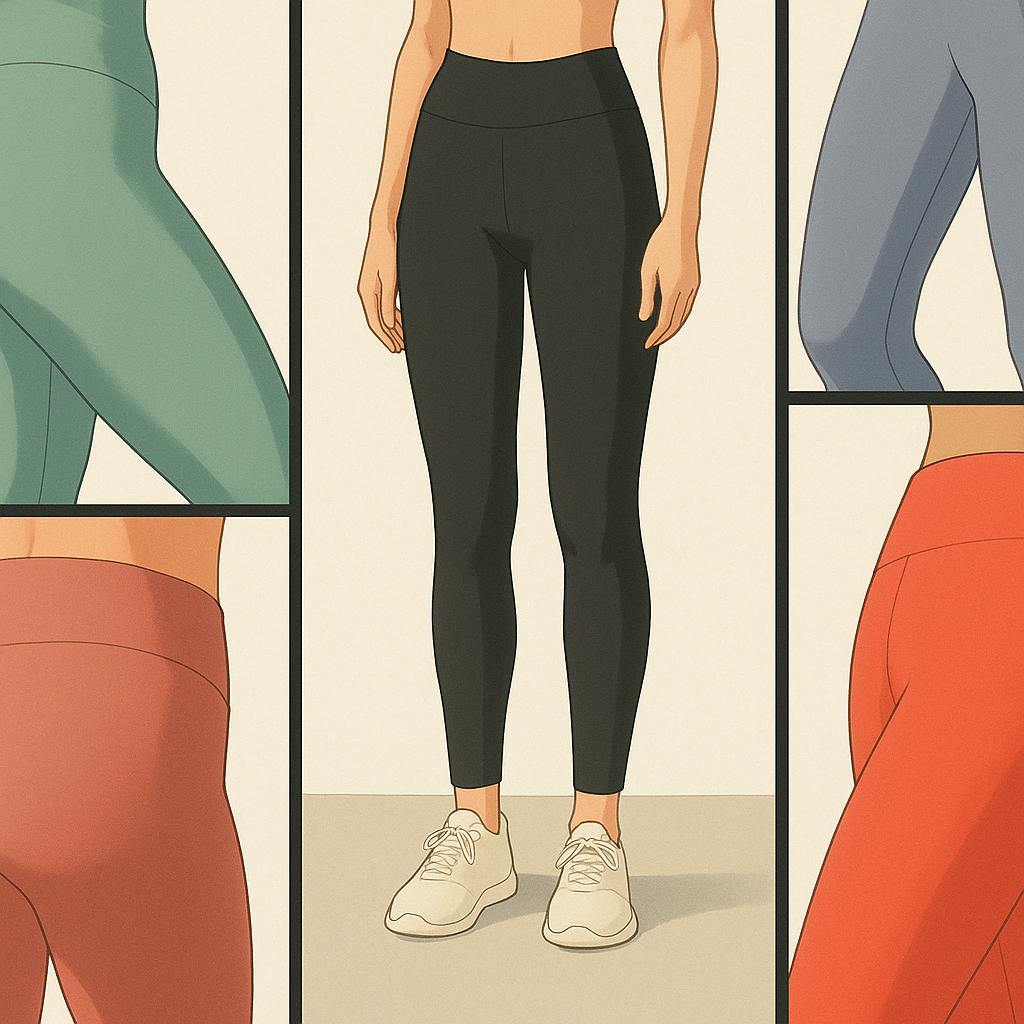 digital illustration showcases five panels featuring colorful high-waisted leggings on female figures. The central figure wears black leggings and sneakers, surrounded by close-up panels of leggings in mint green, periwinkle, dusty rose, and red.