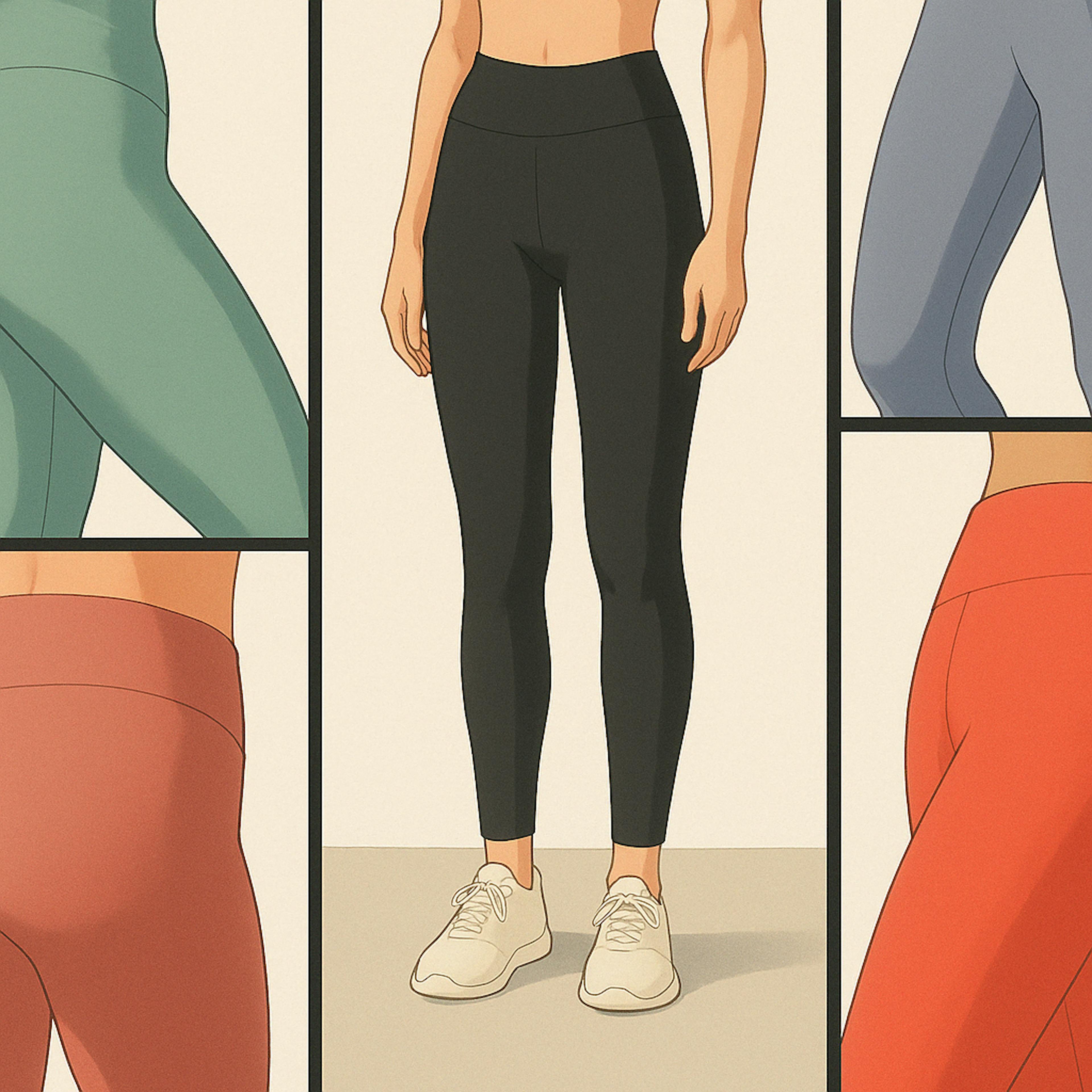 digital illustration showcases five panels featuring colorful high-waisted leggings on female figures. The central figure wears black leggings and sneakers, surrounded by close-up panels of leggings in mint green, periwinkle, dusty rose, and red.