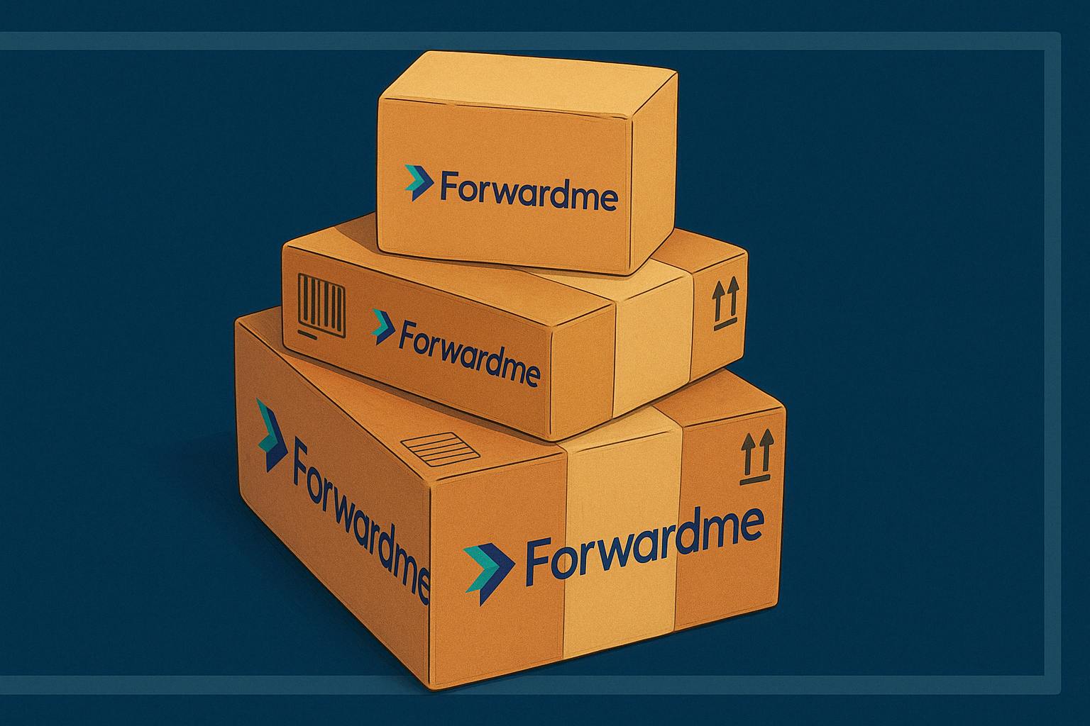 Digital illustration shows three stacked cardboard boxes with the Forwardme logo, set against a dark blue background. Each box features detailed markings like shipping labels and arrows.
