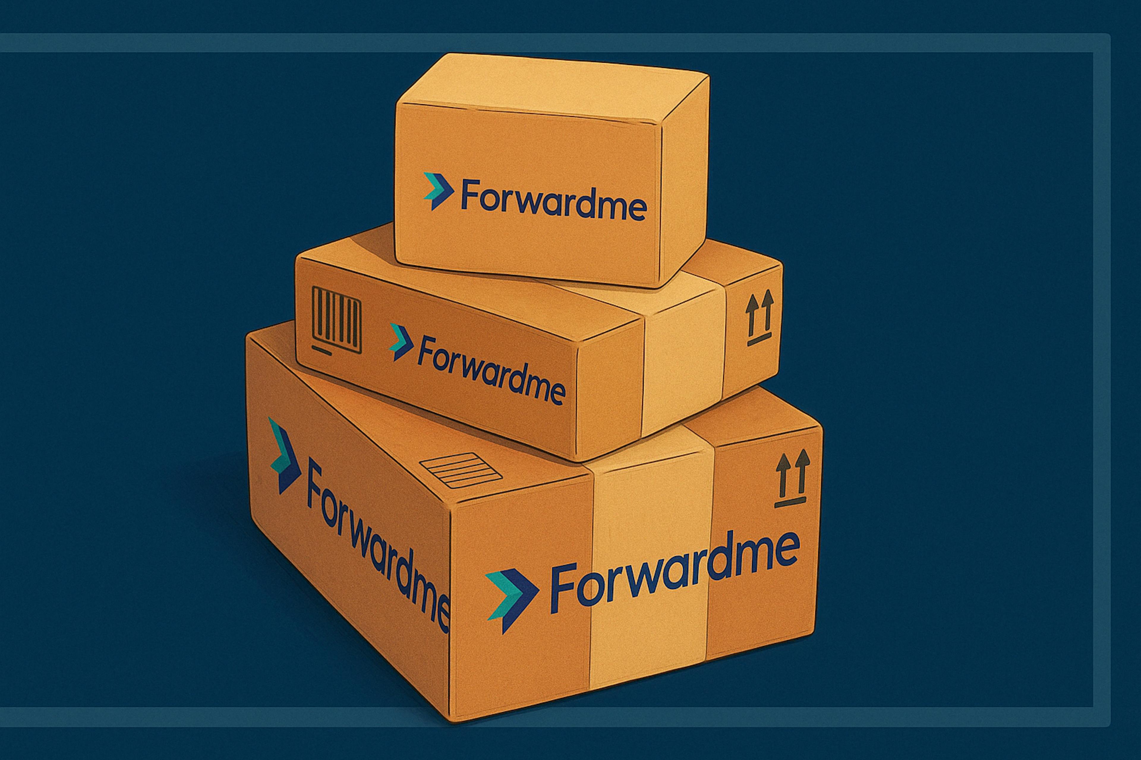 Digital illustration shows three stacked cardboard boxes with the Forwardme logo, set against a dark blue background. Each box features detailed markings like shipping labels and arrows.