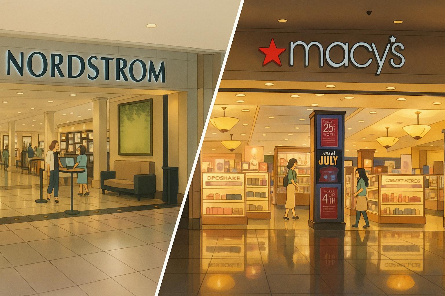 igital illustration of a shopping mall split-screen scene. The left half features the entrance to Nordstrom, with soft lighting, tiled floors, and customers browsing. The right half showcases Macy’s, with warm, golden lighting, beauty counters, promotional signs, and a red star above the logo.