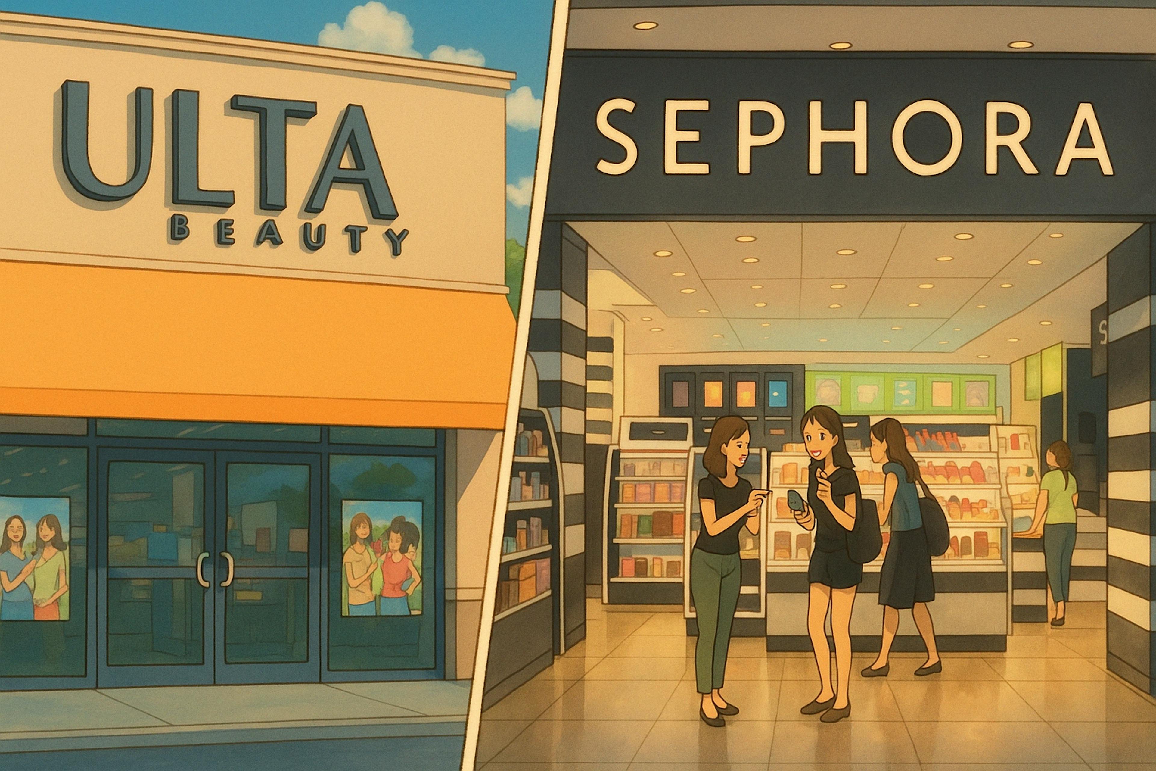 split-screen illustration featuring two beauty retail stores. On the left, Ulta Beauty is shown with its signature orange awning and glass entrance, while on the right, Sephora displays its black-and-white storefront interior with customers browsing colorful makeup displays. The scene is bathed in warm lighting with a whimsical, hand-drawn anime aesthetic.