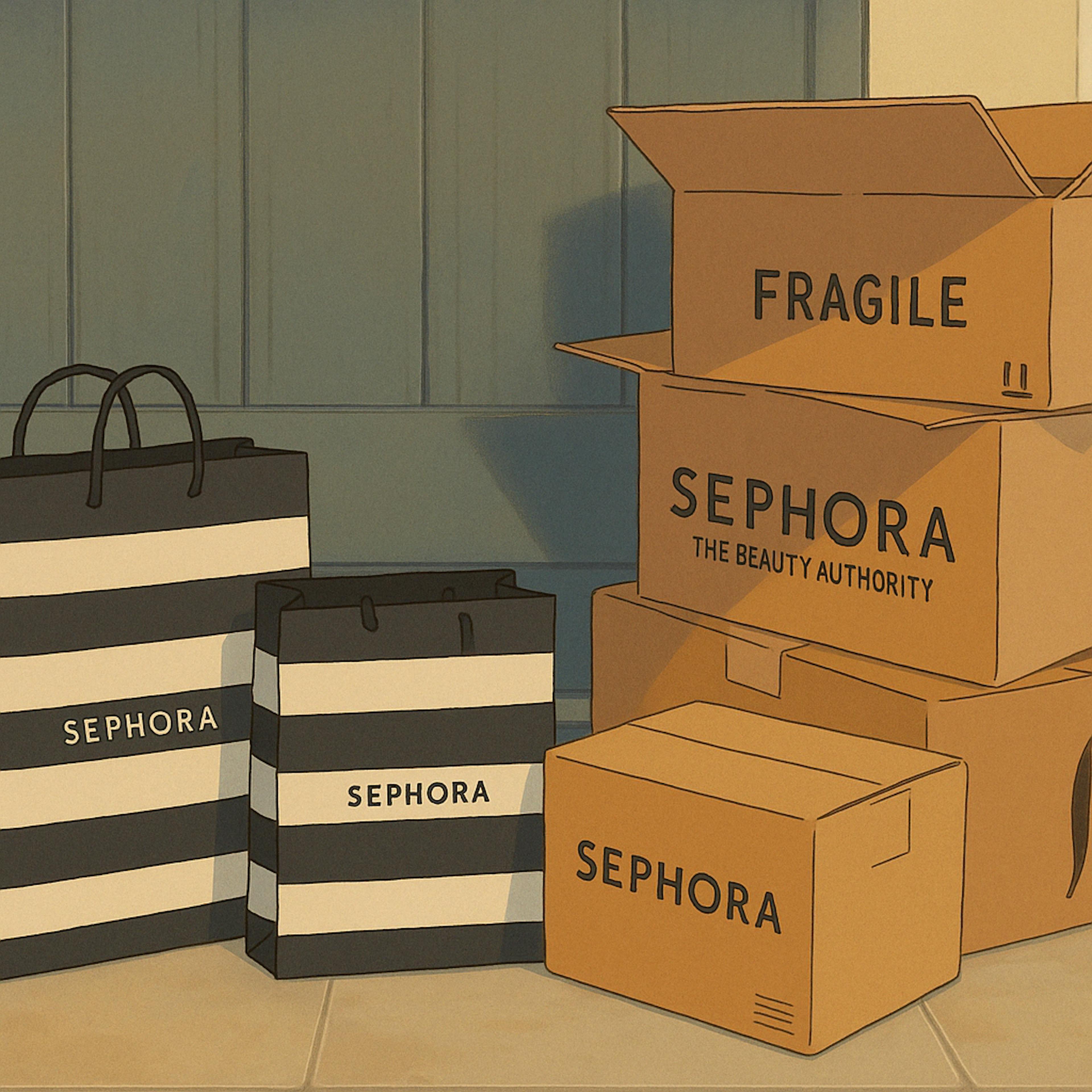 animated illustration showing Sephora-branded shopping bags and cardboard boxes arranged neatly in front of a muted gray wooden wall, evoking a calm and elegant atmosphere.