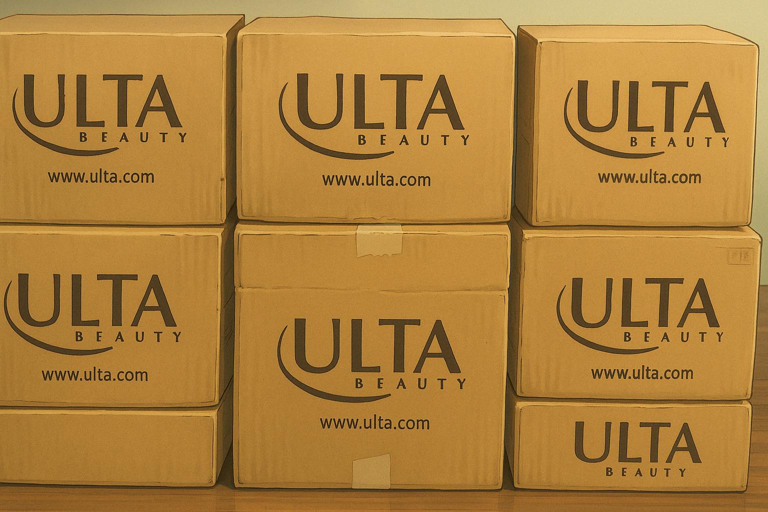 illustration of six ULTA Beauty cardboard boxes stacked in two neat columns against a soft beige background, capturing a cozy and animated warehouse