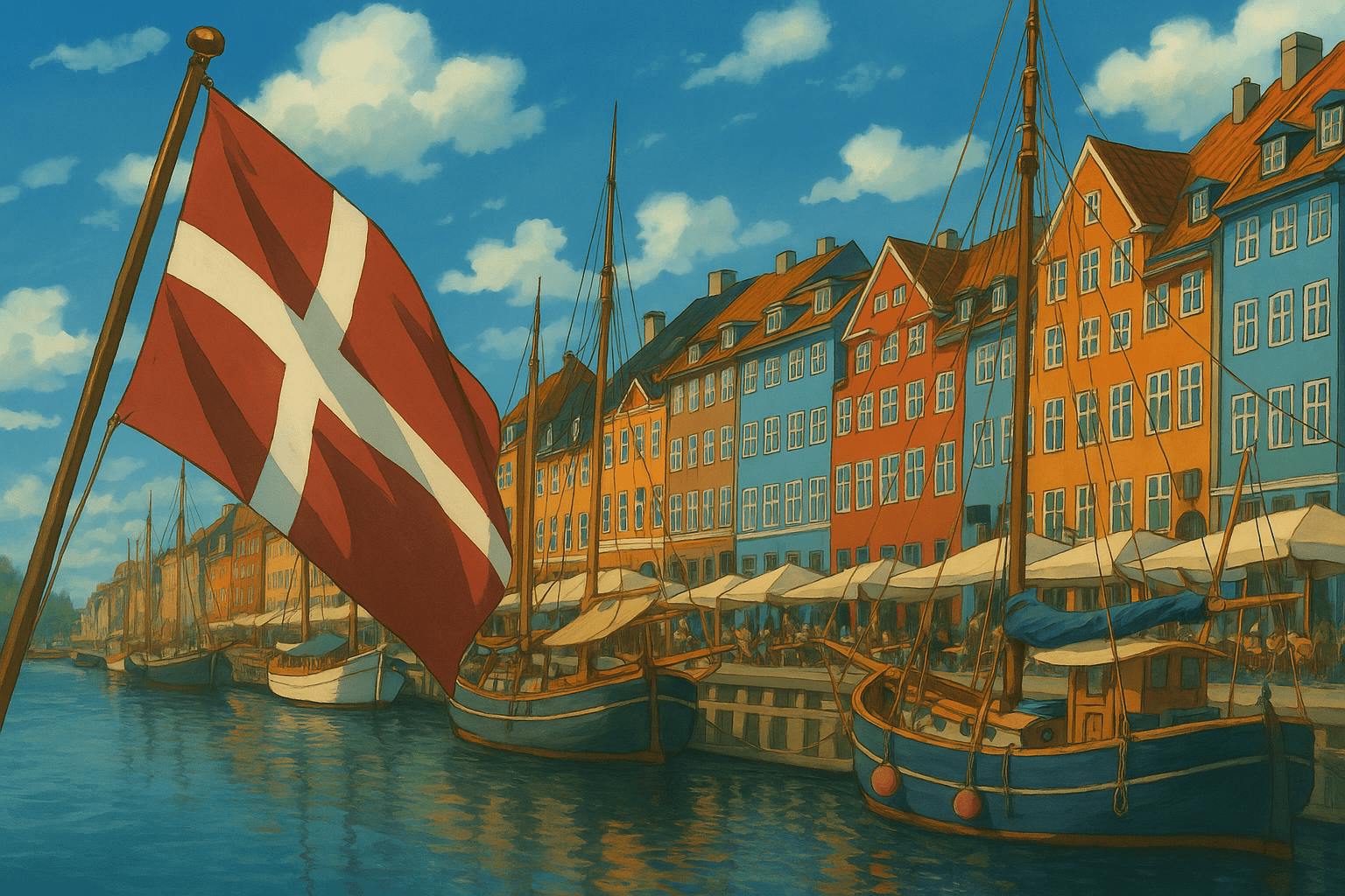 A stylized digital painting in the Studio Ghibli art style depicting Nyhavn, a famous waterfront district in Copenhagen, Denmark. The scene features vibrant, colorful buildings with red, orange, and blue facades lining the canal. Traditional wooden boats are moored in the water, and a large Danish flag with a white Nordic cross on a red background waves prominently in the foreground. The sky is bright blue with fluffy white clouds, contributing to the cheerful and whimsical atmosphere.