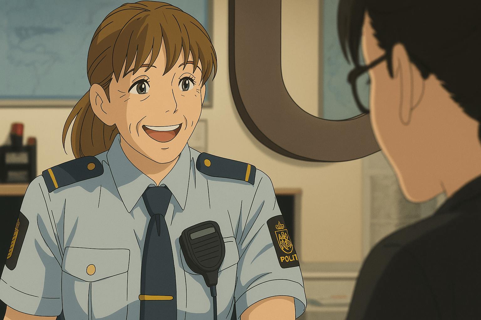 a smiling female customs officer in a light blue uniform speaking with a civilian. She has light brown hair tied back and wears a dark blue tie and shoulder epaulets with gold accents. A two-way radio is clipped to her shirt. The scene takes place in an office setting with a soft, warm color palette, featuring a blurred figure of a civilian in the foreground on the right.