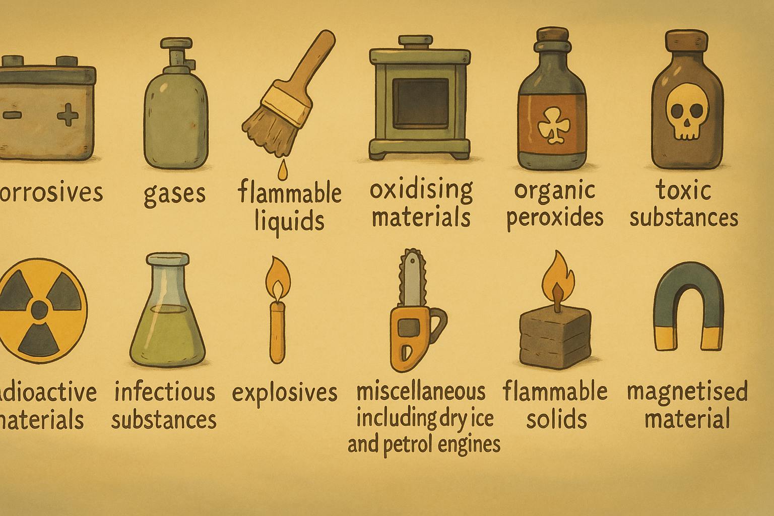 12 categories of hazardous materials. Each item is represented with a soft, hand-painted icon on a warm parchment background. The categories include: corrosives (a car battery), gases (a bottle), flammable liquids (a dripping paintbrush), oxidising materials (a furnace), organic peroxides (a potion bottle), toxic substances (a bottle with a skull), radioactive materials (a radiation symbol), infectious substances (a flask), explosives (a lit match), miscellaneous items including dry ice and petrol engines (a chainsaw), flammable solids (a burning block), and magnetised material (a magnet).