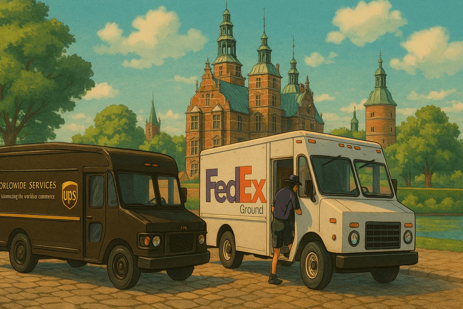UPS truck and a FedEx truck parked on a cobblestone street in front of Rosenborg Castle in Copenhagen, Denmark