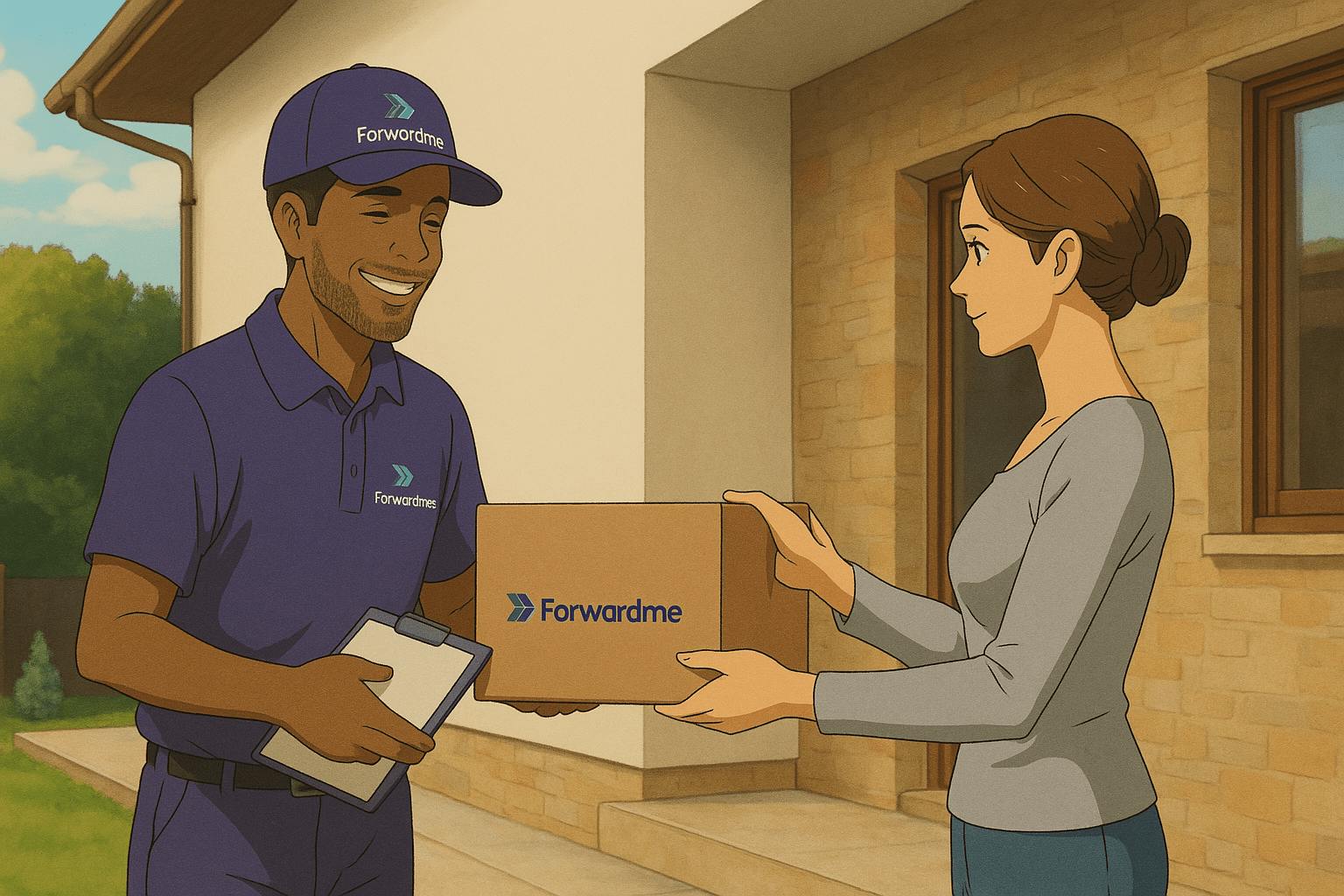 a friendly package exchange between a Forwardme courier and a young woman outside a cozy beige house with a terracotta-tiled roof. The courier, wearing a purple cap and polo shirt with the Forwardme logo, smiles as he accepts a box that also features a minimal version of the logo. The young woman, dressed casually in a gray shirt, stands in the doorway with a warm expression. The background includes soft greenery, blue sky, and whimsical, hand-painted textures that evoke a peaceful, storybook-like atmosphere.