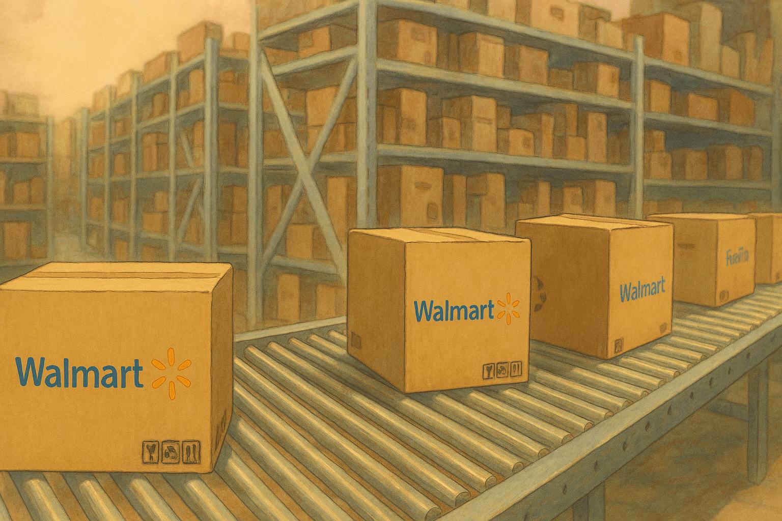a warehouse interior featuring a wide-angle view of cardboard boxes with Walmart logos moving along a conveyor belt. The background reveals tall, steel shelving units stacked with numerous boxes in warm, earthy tones.