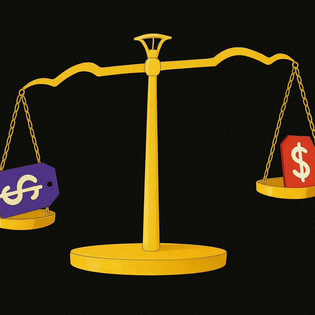 digital illustration of a golden balance scale on a dark background. One pan holds a purple price tag with a white dollar symbol, while the other carries a red tag with a similar symbol, symbolizing cost comparison.