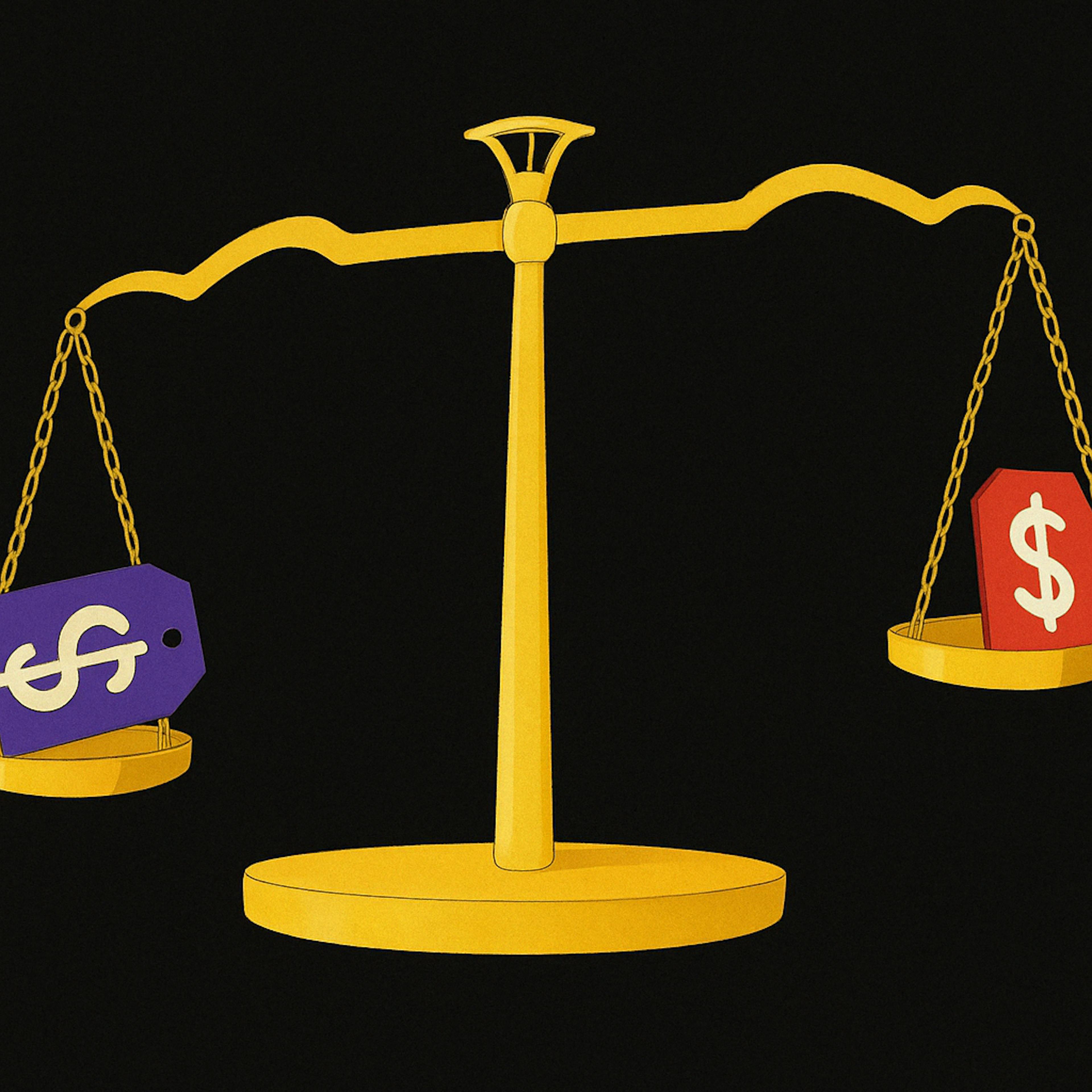 digital illustration of a golden balance scale on a dark background. One pan holds a purple price tag with a white dollar symbol, while the other carries a red tag with a similar symbol, symbolizing cost comparison.