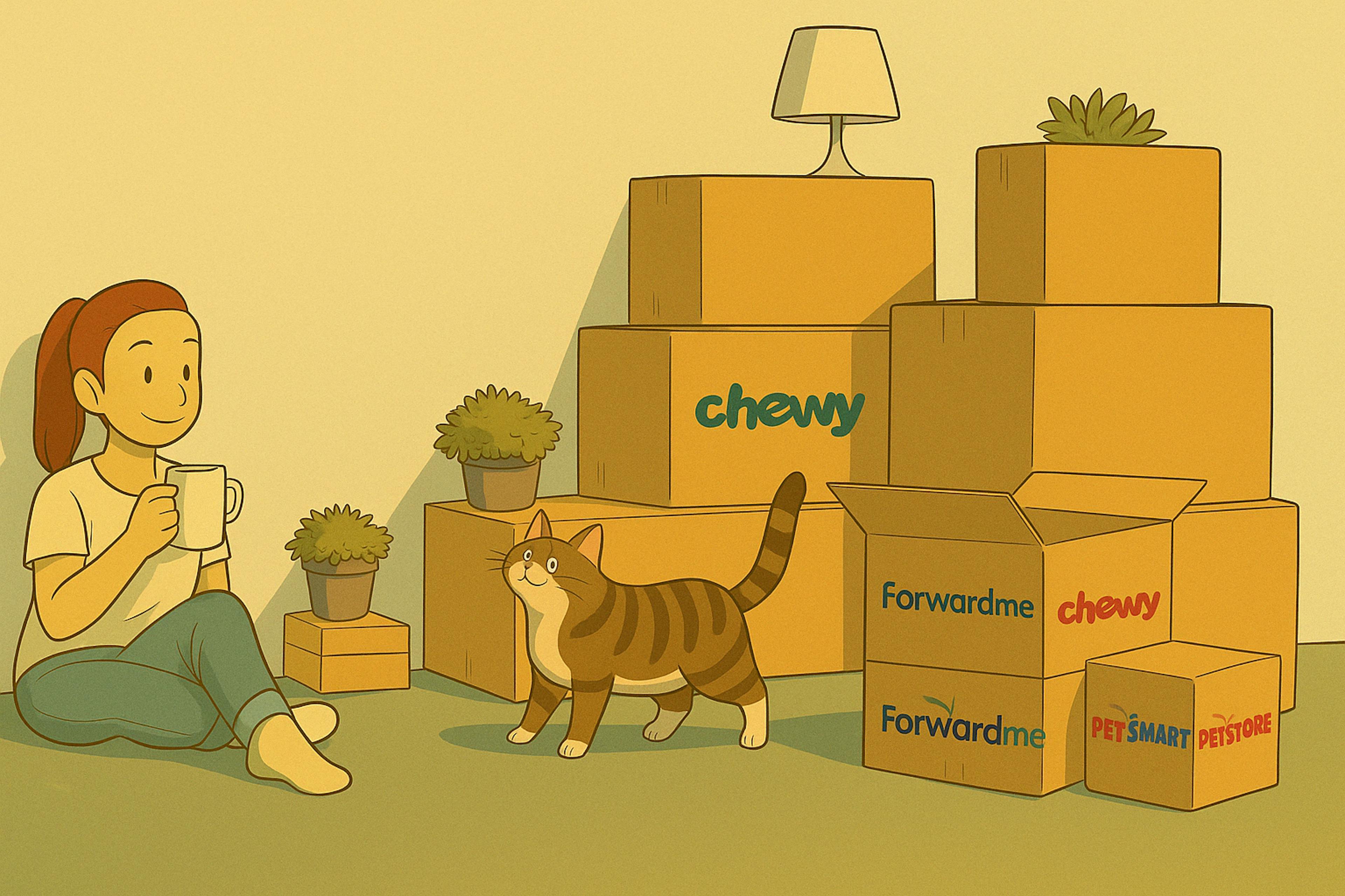 a young woman with a red ponytail sitting cross-legged on the floor, holding a white mug, beside a stack of cardboard boxes in a cozy indoor setting. A curious tabby cat walks in front of the boxes, and several potted plants and a lamp rest atop the boxes.