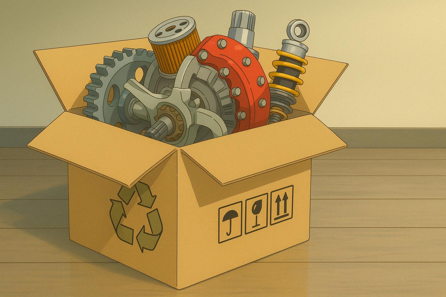 digital illustration of an open cardboard box filled with mechanical car parts, including gears, a spark plug, a brake caliper, a shock absorber, and an oil filter. The box sits on a reflective surface and is marked with fragile and recycling symbols, set against a soft white background.