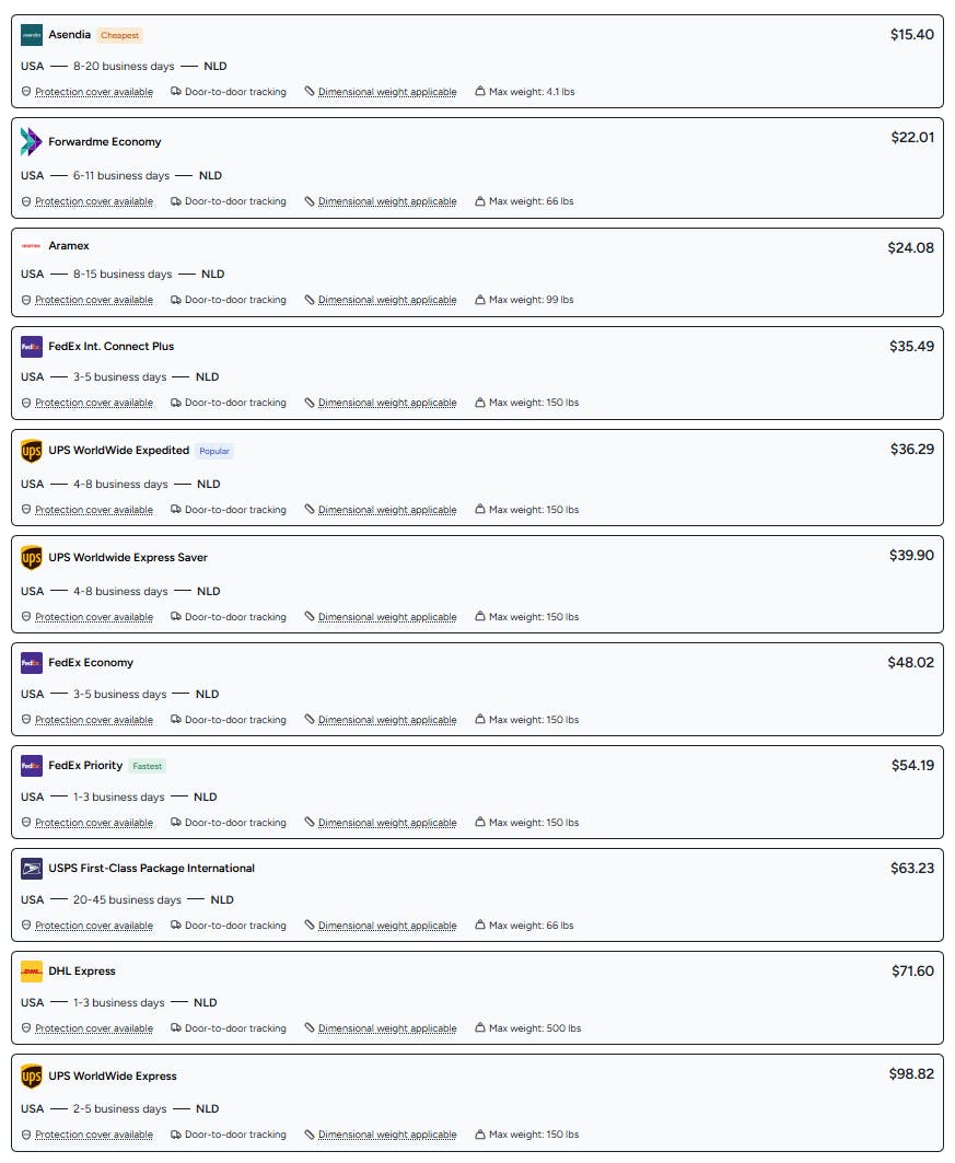 Forwardme shipping rates comparison for a 1lb package from the US to the Netherlands, showing options like Asendia, FedEx, UPS, Forwardme Economy, and DHL