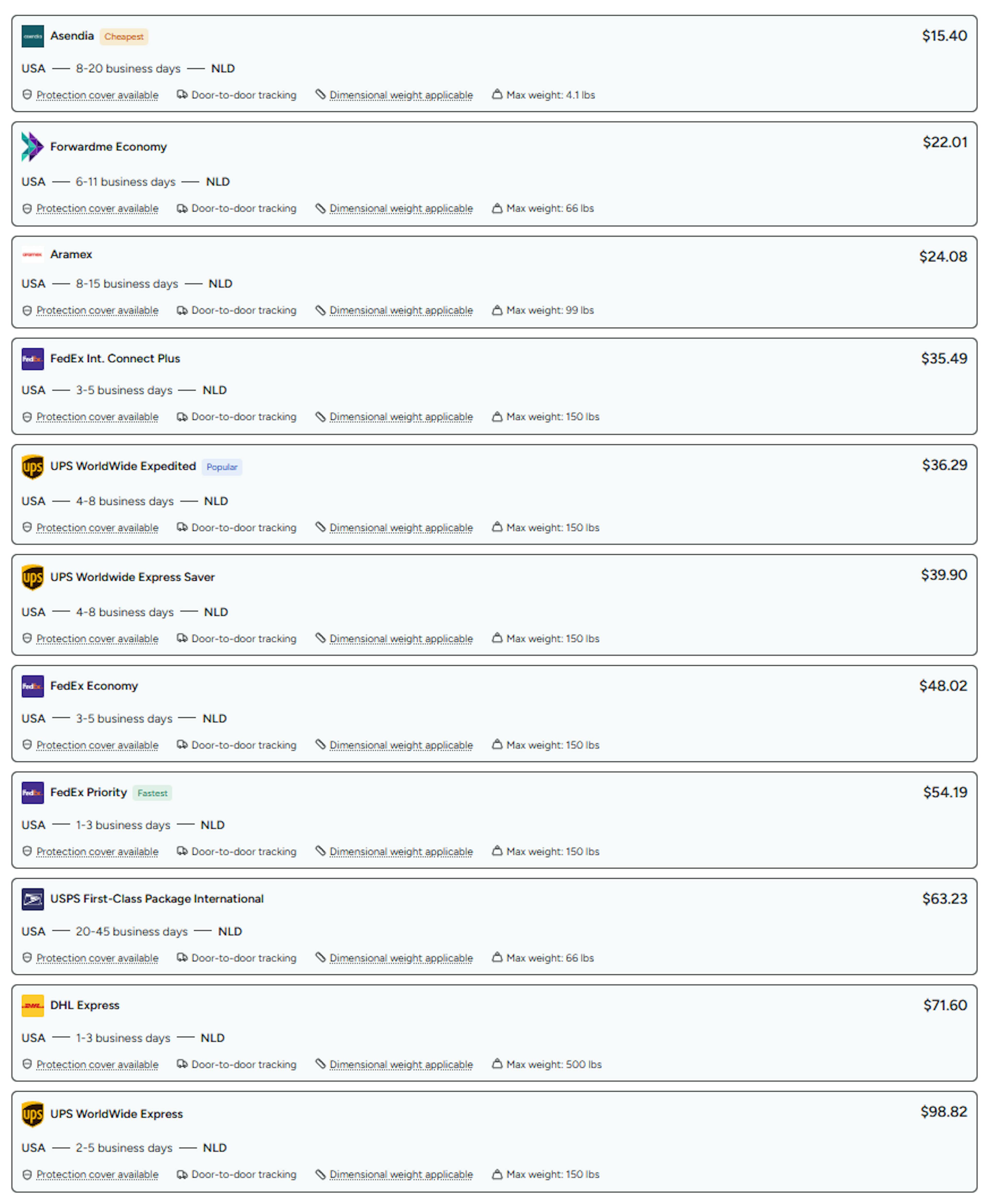 Forwardme shipping rates comparison for a 1lb package from the US to the Netherlands, showing options like Asendia, FedEx, UPS, Forwardme Economy, and DHL
