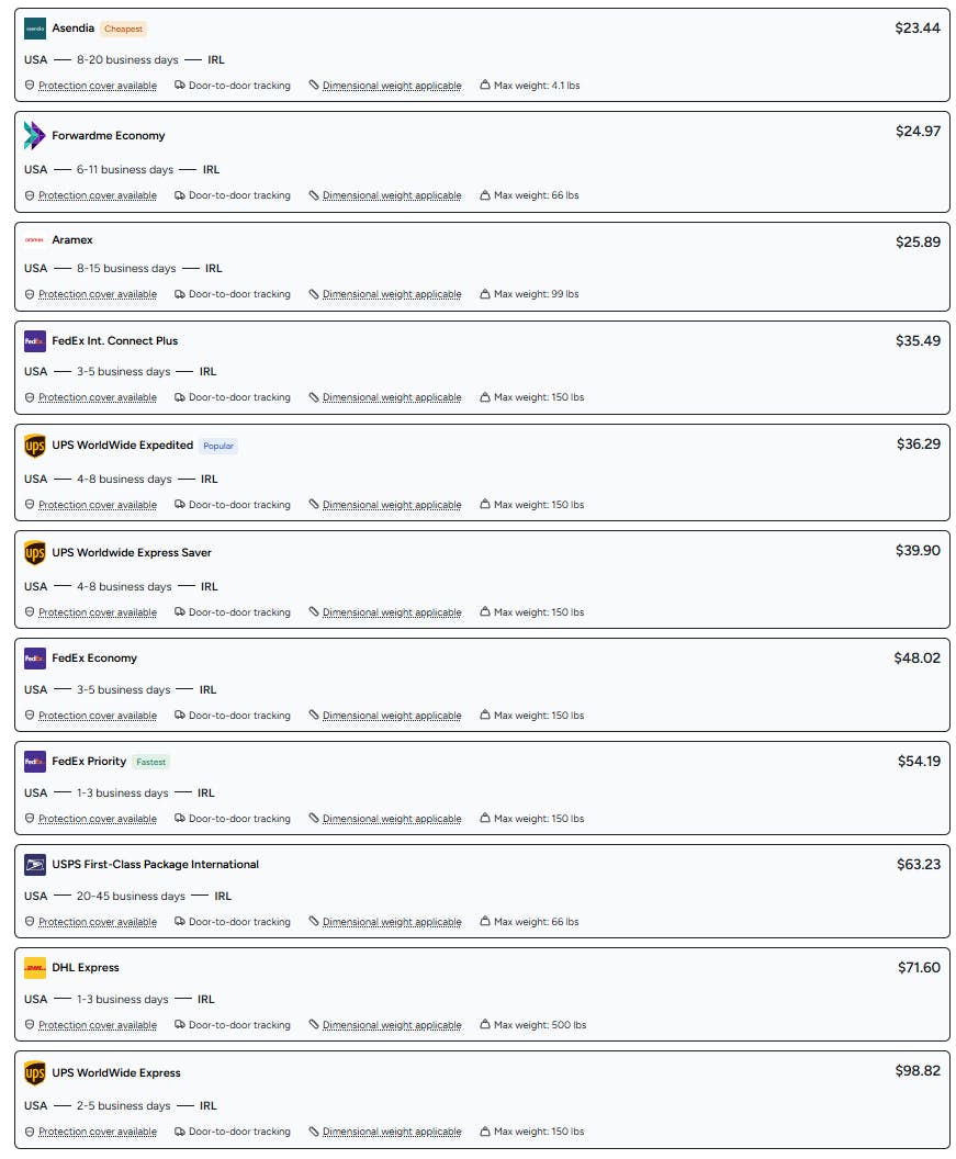 Screenshot showing various shipping options from USA to Ireland offered by Forwardme.com, including carriers like Asendia, Forwardme Economy, Aramex, FedEx, UPS, USPS, and DHL, with estimated delivery times and indicative prices.