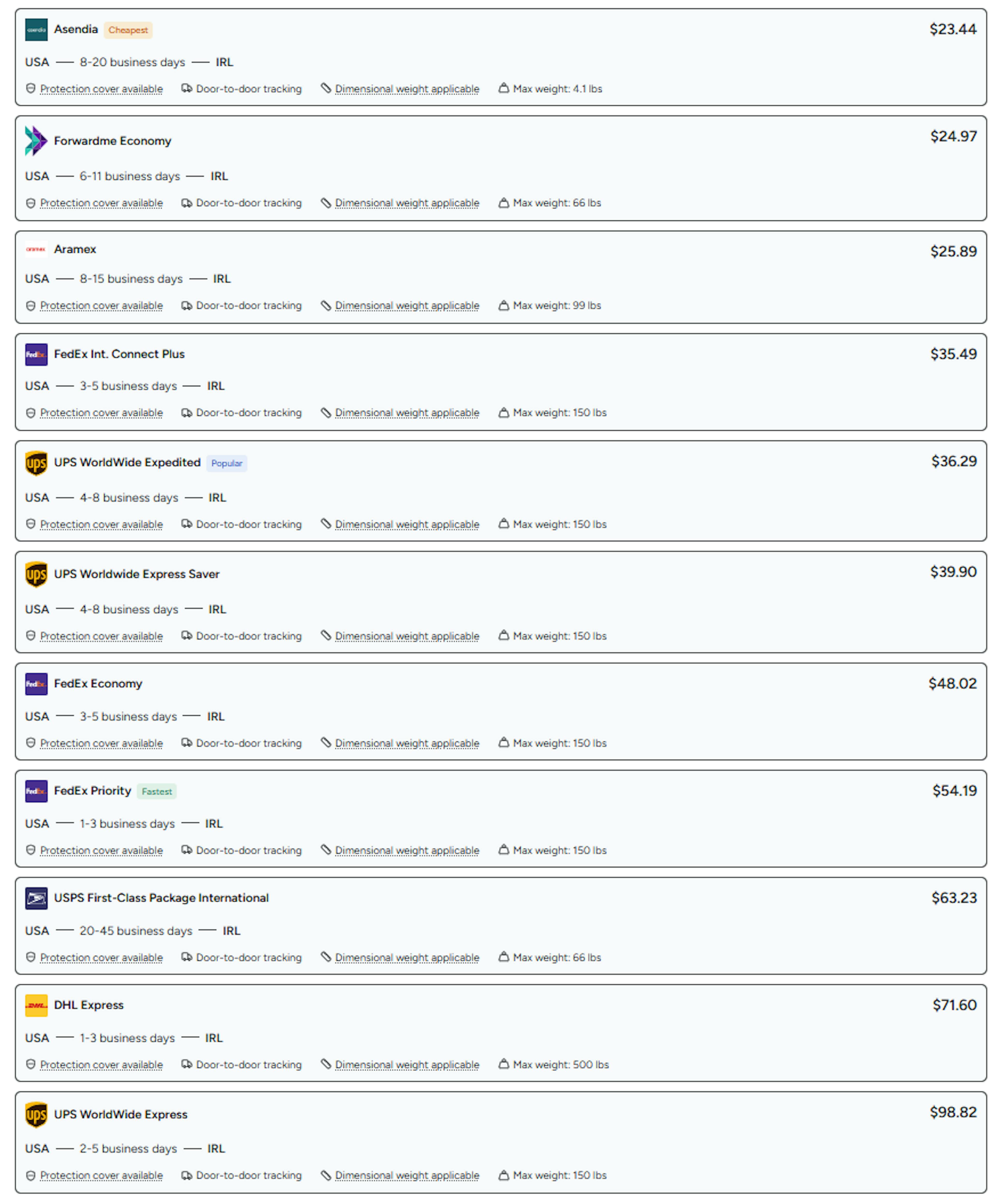 Screenshot showing various shipping options from USA to Ireland offered by Forwardme.com, including carriers like Asendia, Forwardme Economy, Aramex, FedEx, UPS, USPS, and DHL, with estimated delivery times and indicative prices.
