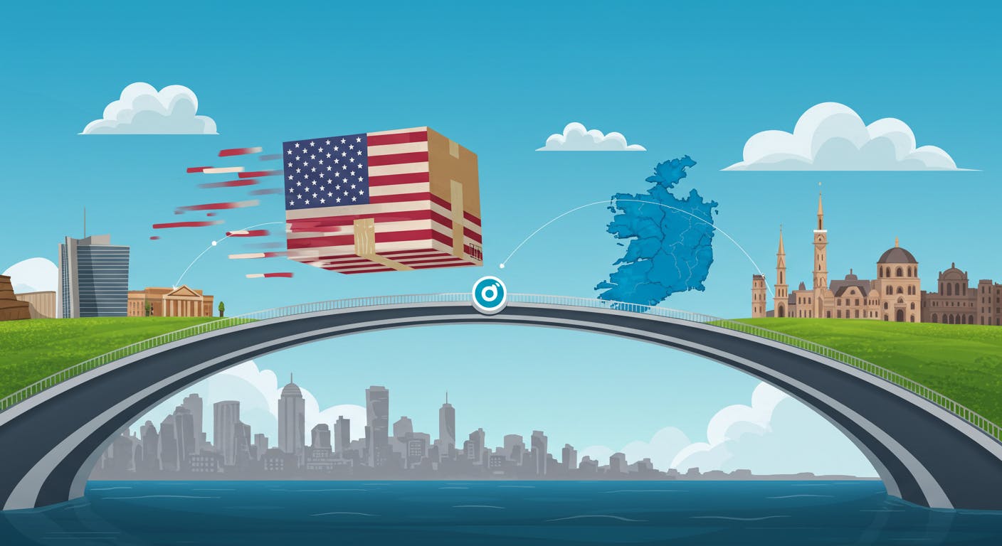 Illustration showing seamless package shipping from USA to Ireland via Forwardme.com bridge