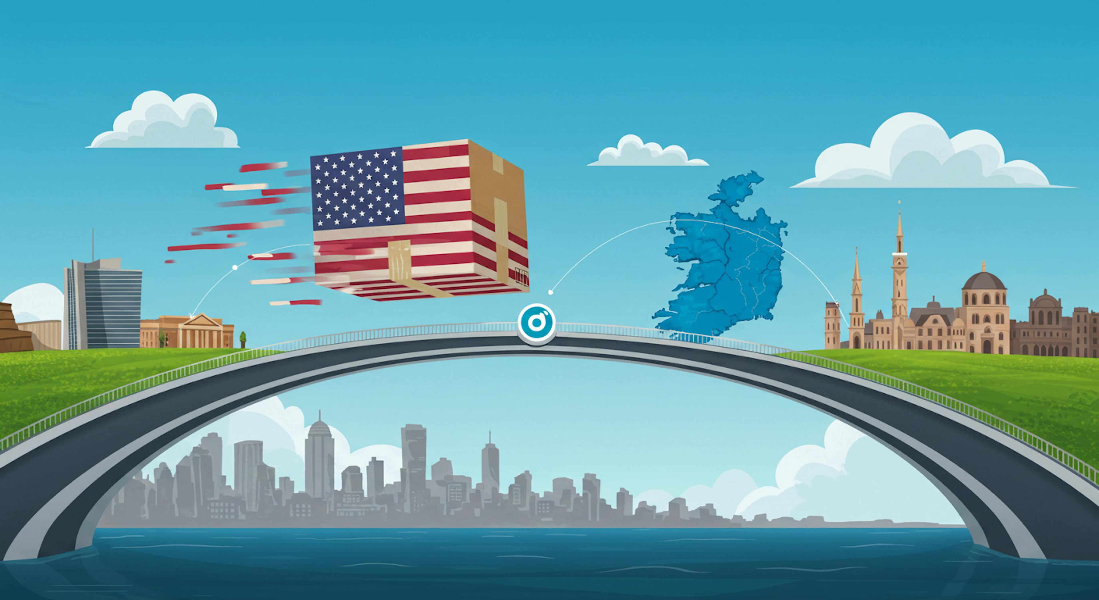 Illustration showing seamless package shipping from USA to Ireland via Forwardme.com bridge
