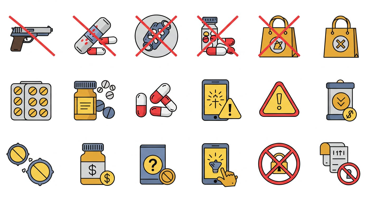 Icons illustrating examples of prohibited and restricted items for shipping to Indonesia