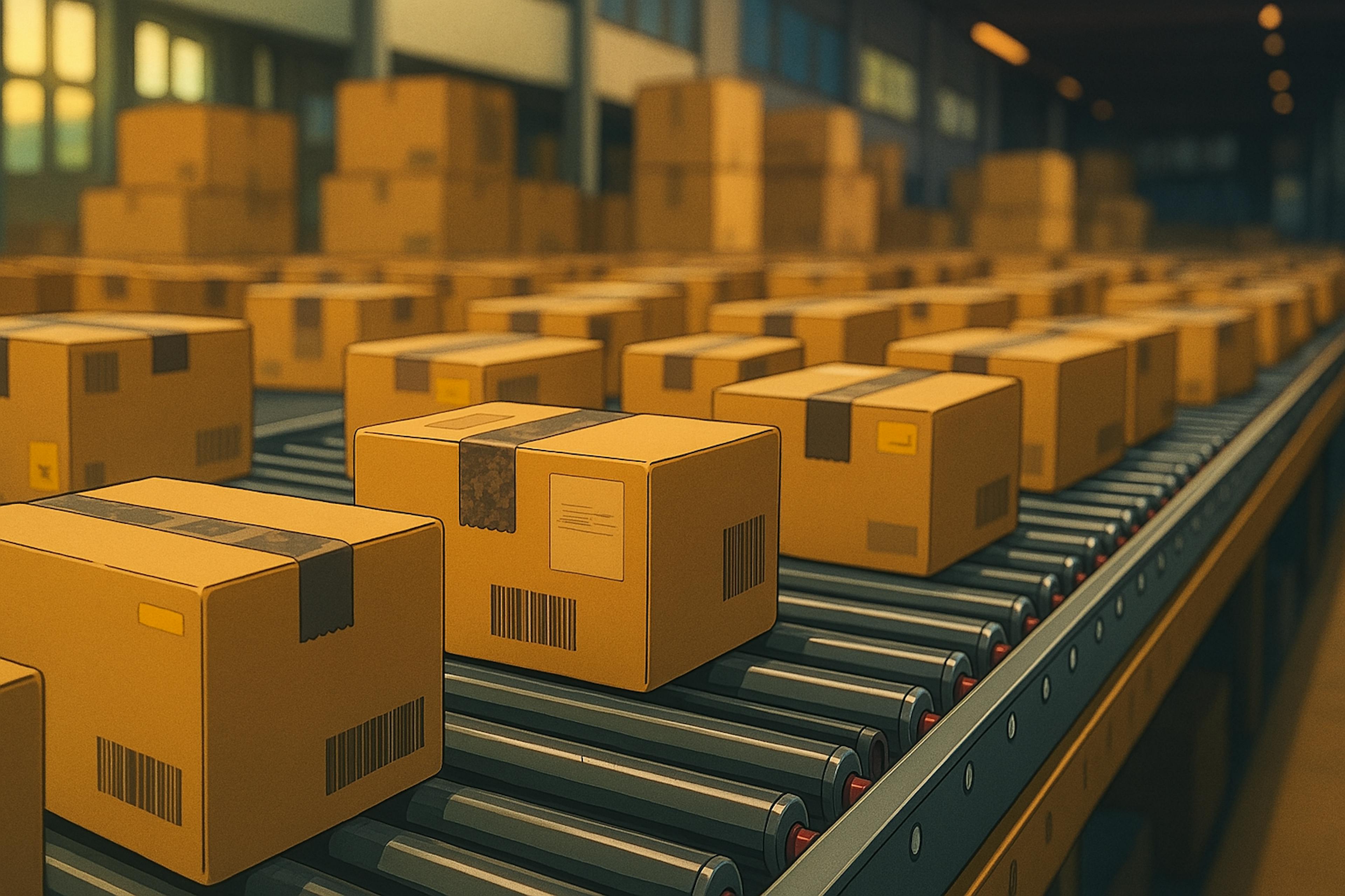Animated-style cardboard boxes move along a conveyor belt in a warehouse, bathed in warm sunlight with shelves and stacked packages in the background.