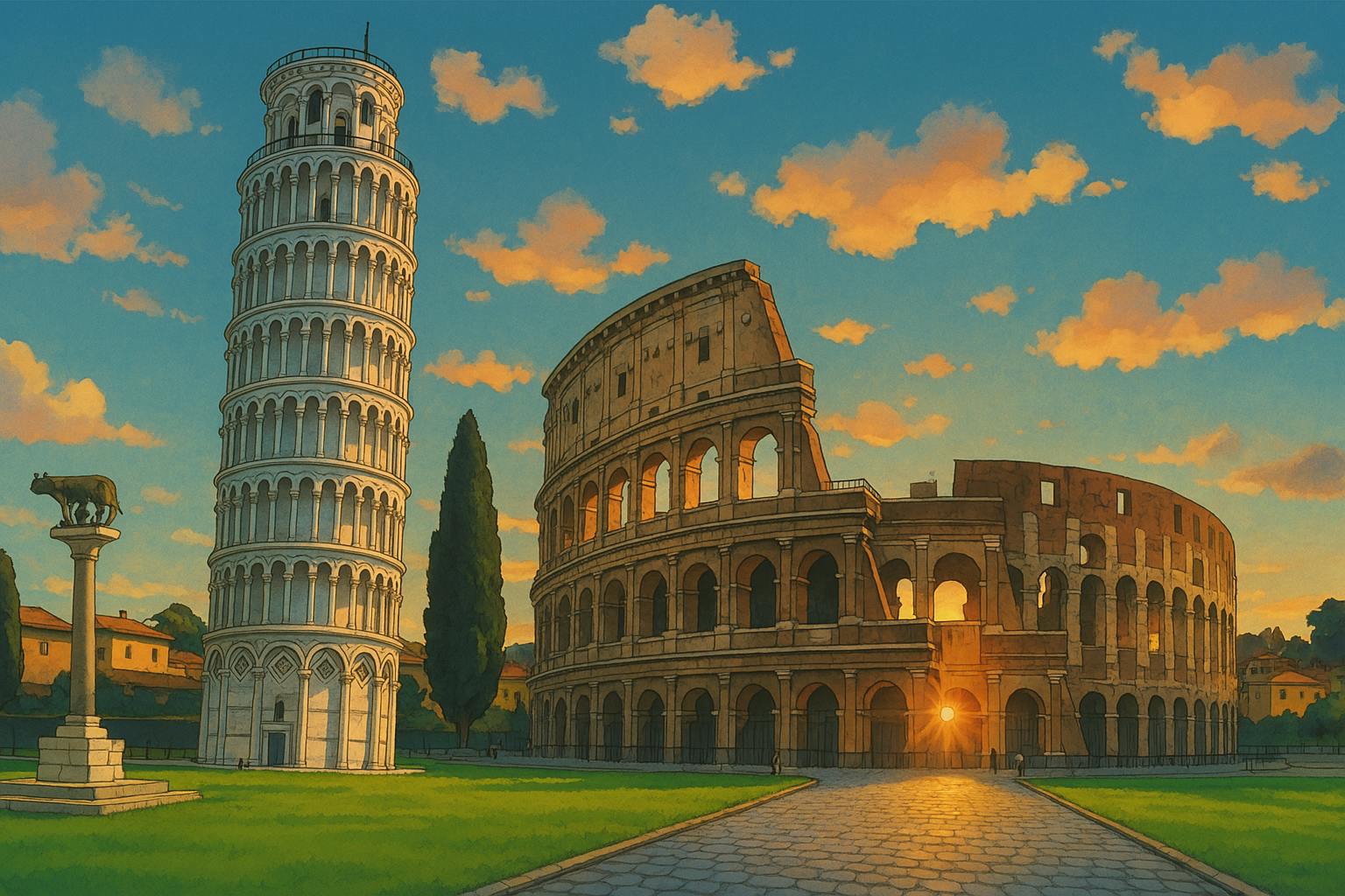 A dreamy anime-style illustration of the Leaning Tower of Pisa and the Roman Colosseum side by side in a sunset-lit landscape, with soft clouds and lush greenery enhancing the magical ambiance