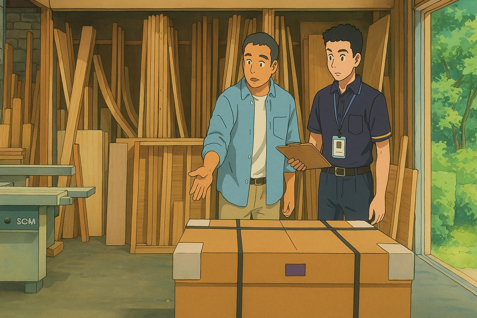 A Ghibli-style illustration of two men discussing a large wooden crate in a cozy woodworking shop filled with timber and tools, with soft light streaming through an open door and green foliage outside