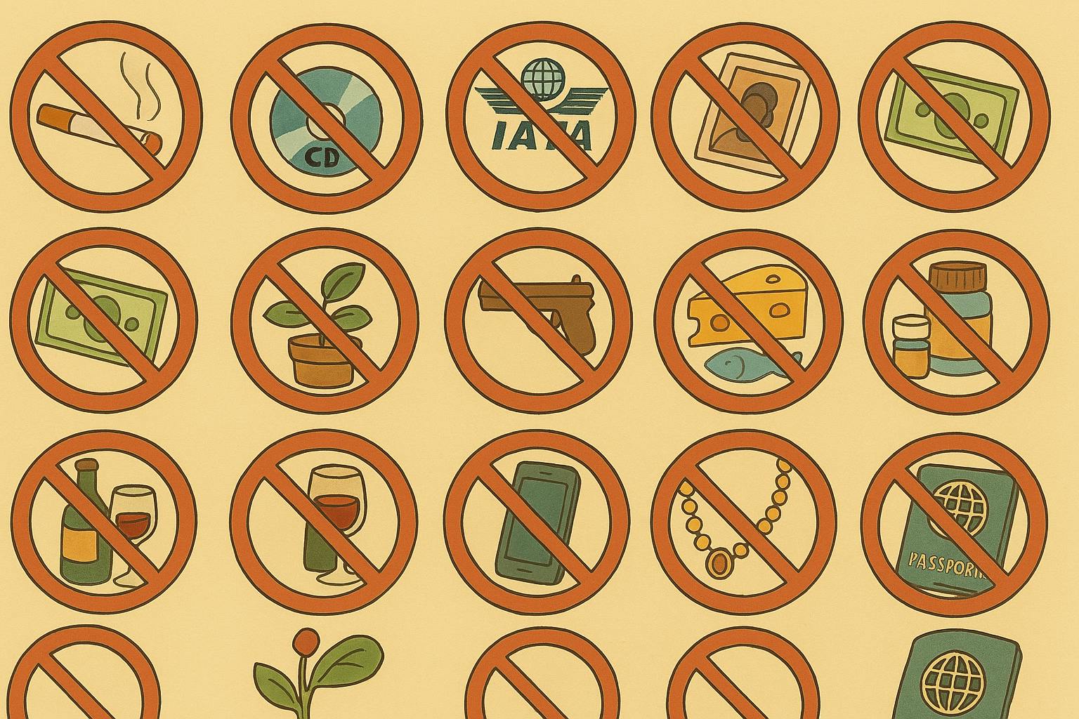 A Ghibli-style illustration of various prohibited shipping items, each depicted in a red crossed circle and labeled. Items include drugs, firearms, perishable goods, electronics, and more, all set on a warm beige background.
