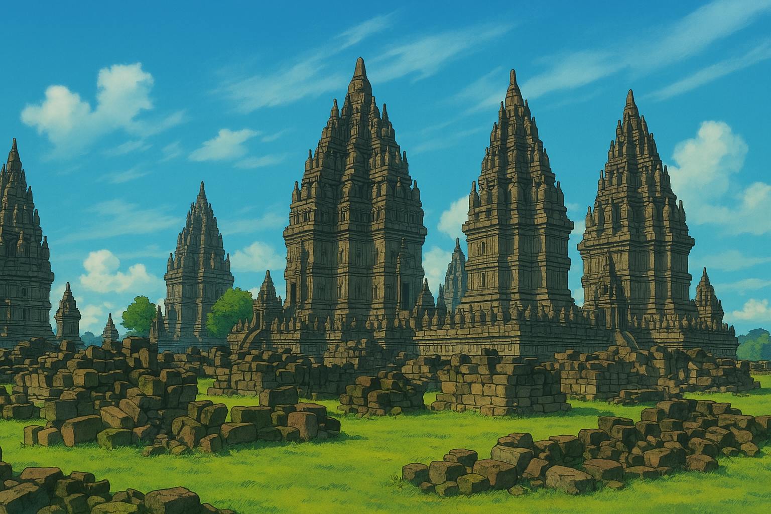 A Studio Ghibli-style illustration of the Prambanan temple complex in Indonesia, featuring intricately detailed stone towers surrounded by grassy ruins under a clear blue sky with soft clouds.