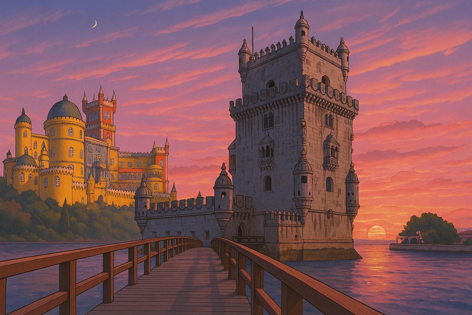 animated sunset scene combining Lisbon’s Bélem Tower and Pena Palace, connected by a wooden boardwalk over calm waters, with glowing skies and dreamy architecture.