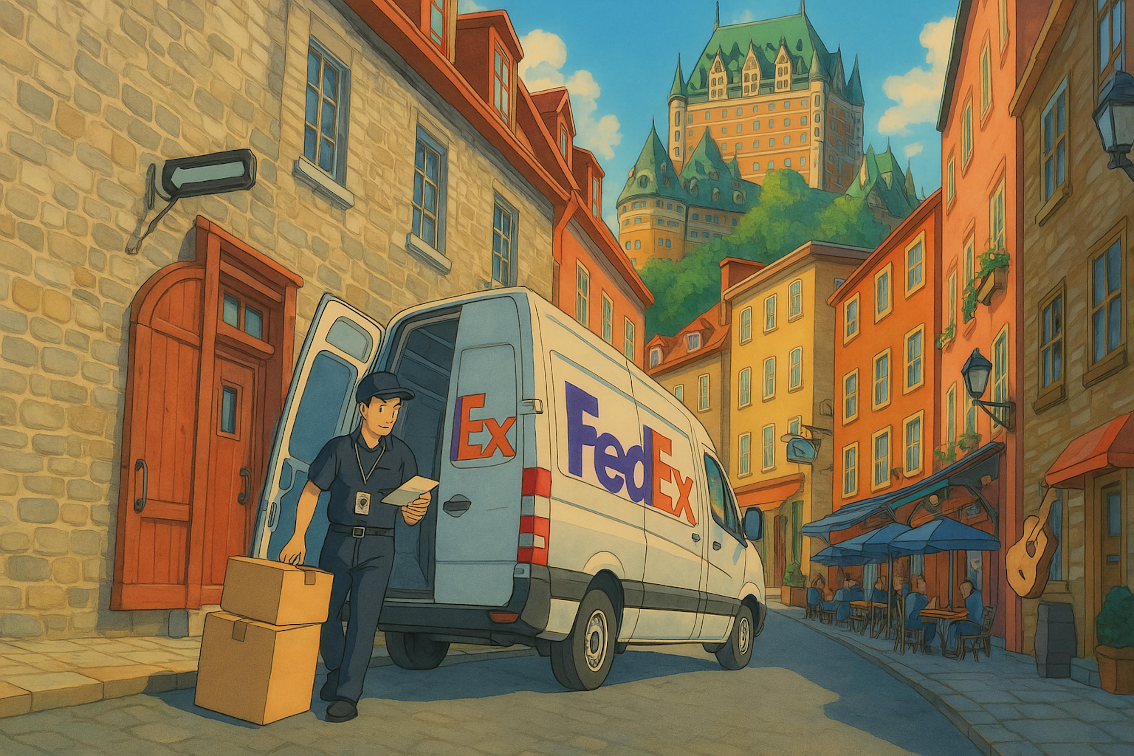 A Ghibli-style animated illustration of a FedEx delivery in a colorful European town, featuring a delivery person with packages near a van on a cobblestone street, with a castle visible in the distance.