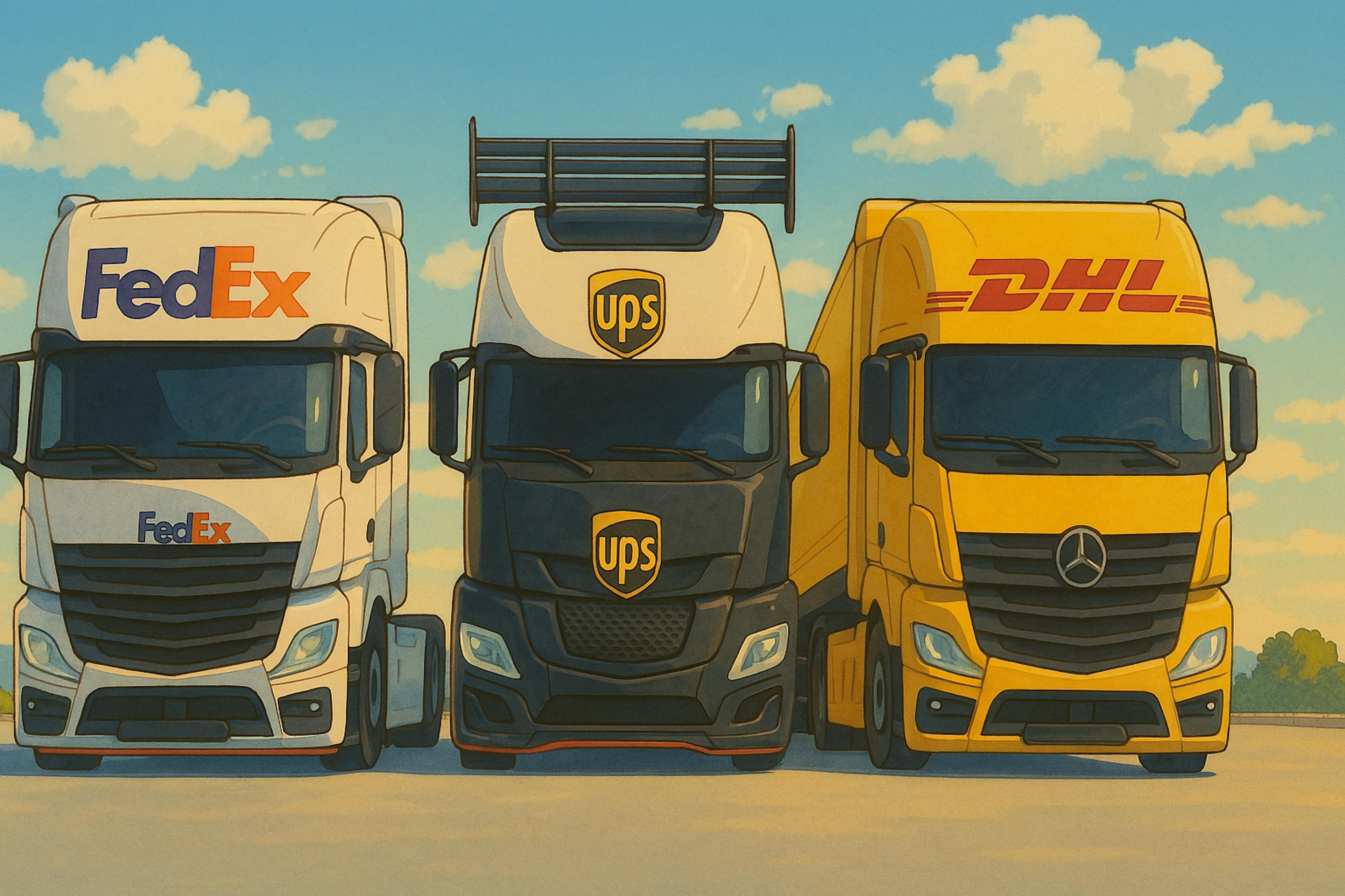 A Ghibli-style animated illustration showing three delivery trucks—FedEx, UPS, and DHL—parked side by side under a sunny blue sky with fluffy clouds, each featuring brand logos in a soft, painterly style