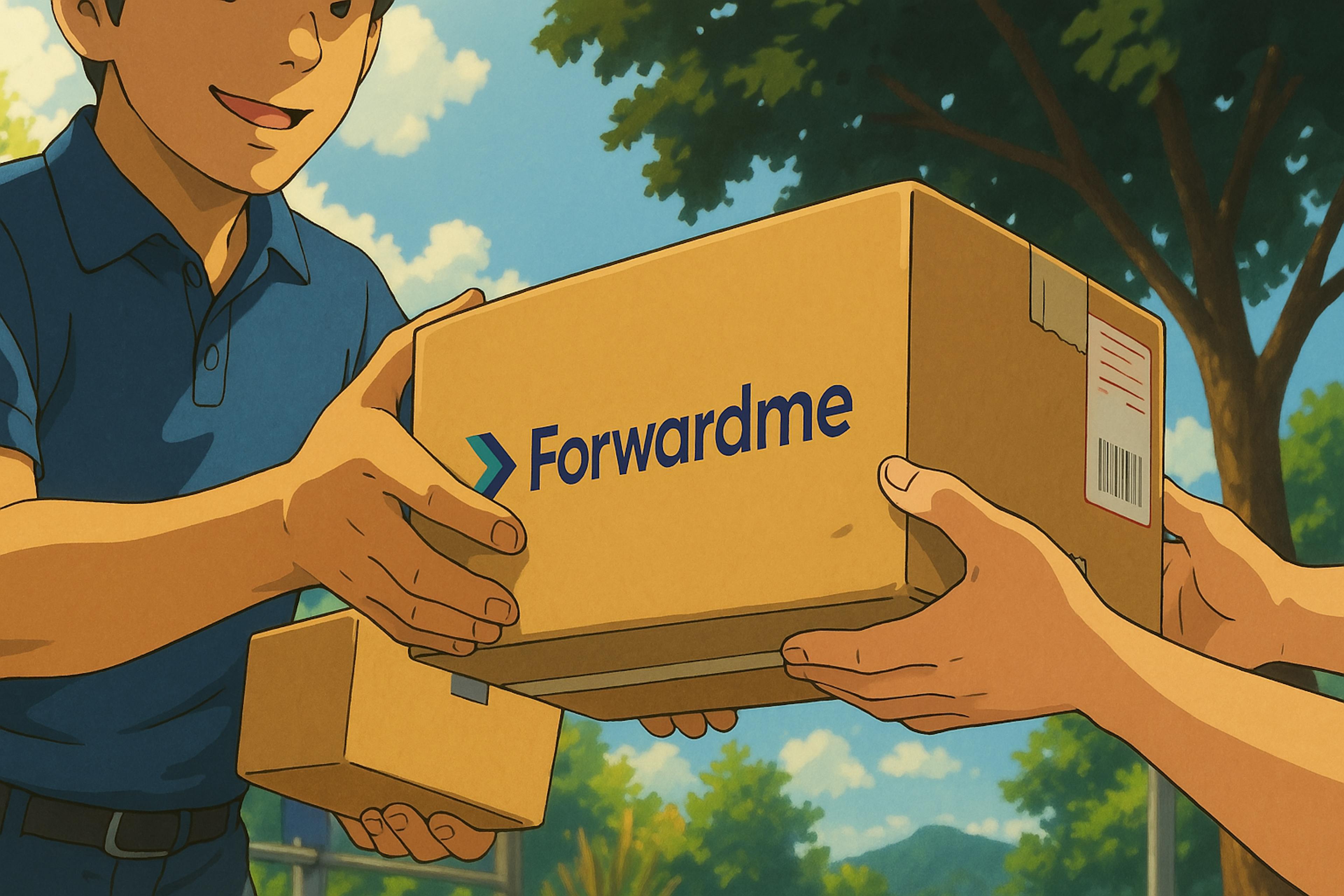 A Ghibli-style animated illustration of a delivery person handing a Forwardme-branded package to a recipient, set in a sunny outdoor environment with trees and hills in the background.