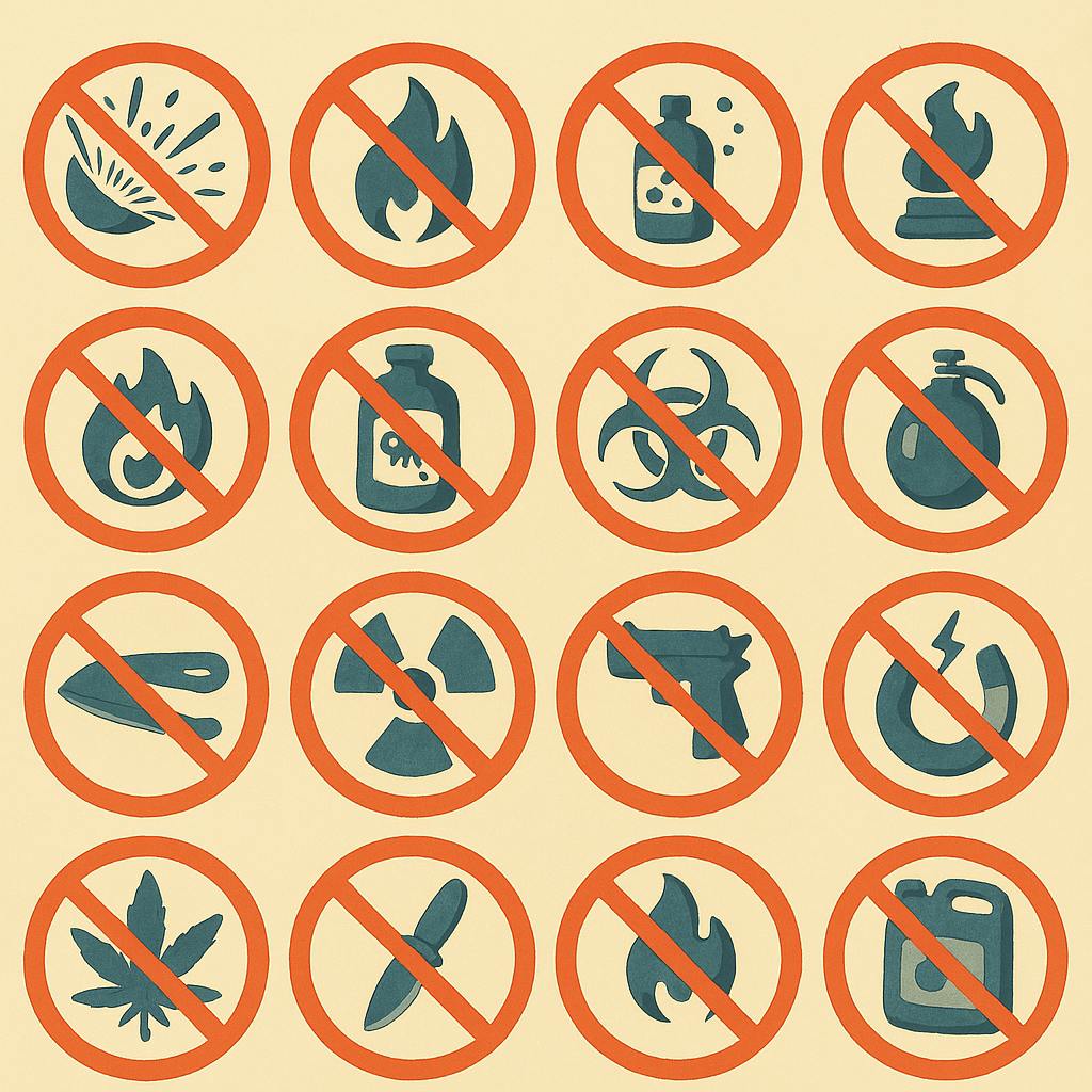 A Ghibli-style illustration showing sixteen prohibition signs, each symbolizing banned items like explosives, drugs, weapons, and radioactive materials. The symbols are drawn in a soft, painterly aesthetic with red circles and diagonal lines on a beige background.