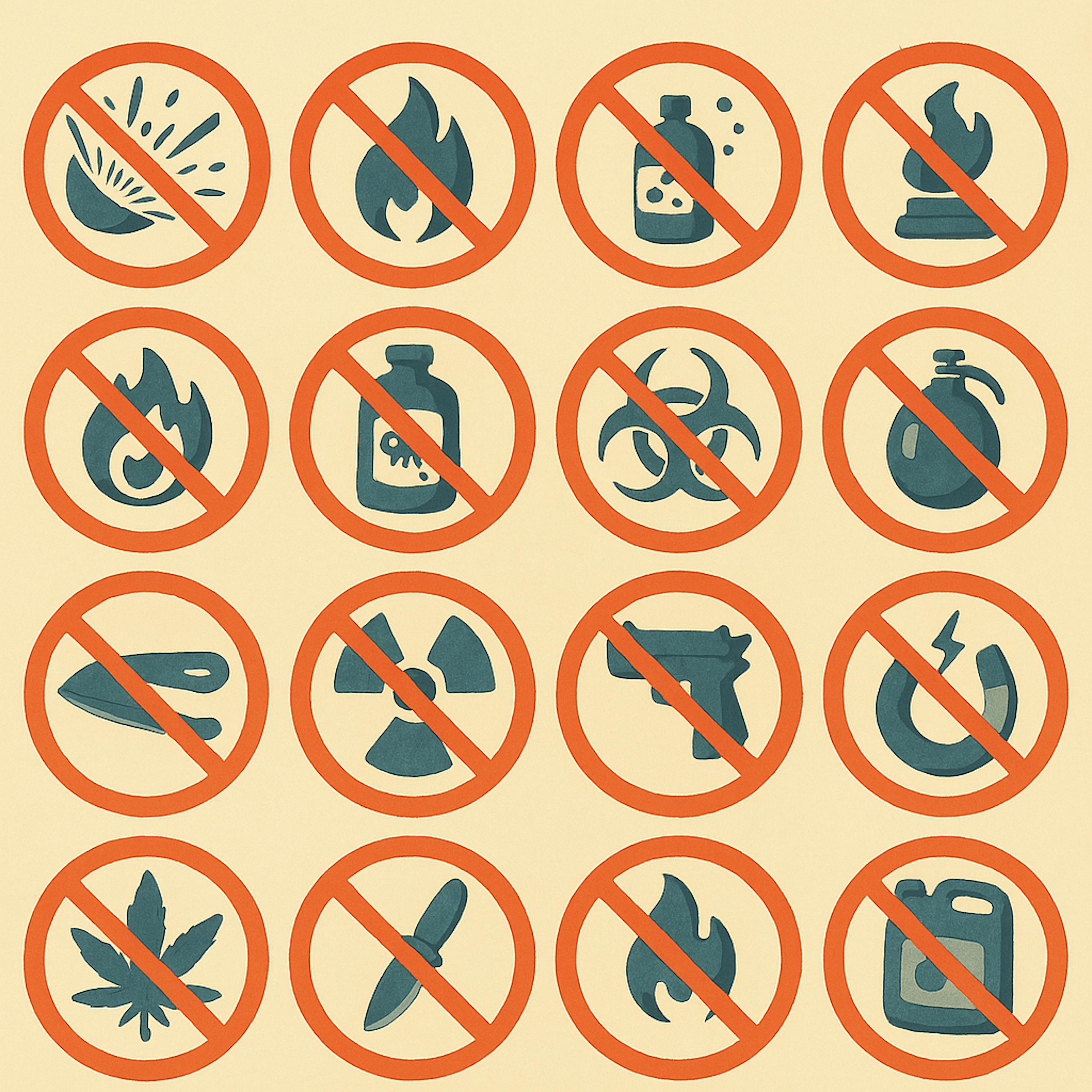 A Ghibli-style illustration showing sixteen prohibition signs, each symbolizing banned items like explosives, drugs, weapons, and radioactive materials. The symbols are drawn in a soft, painterly aesthetic with red circles and diagonal lines on a beige background.