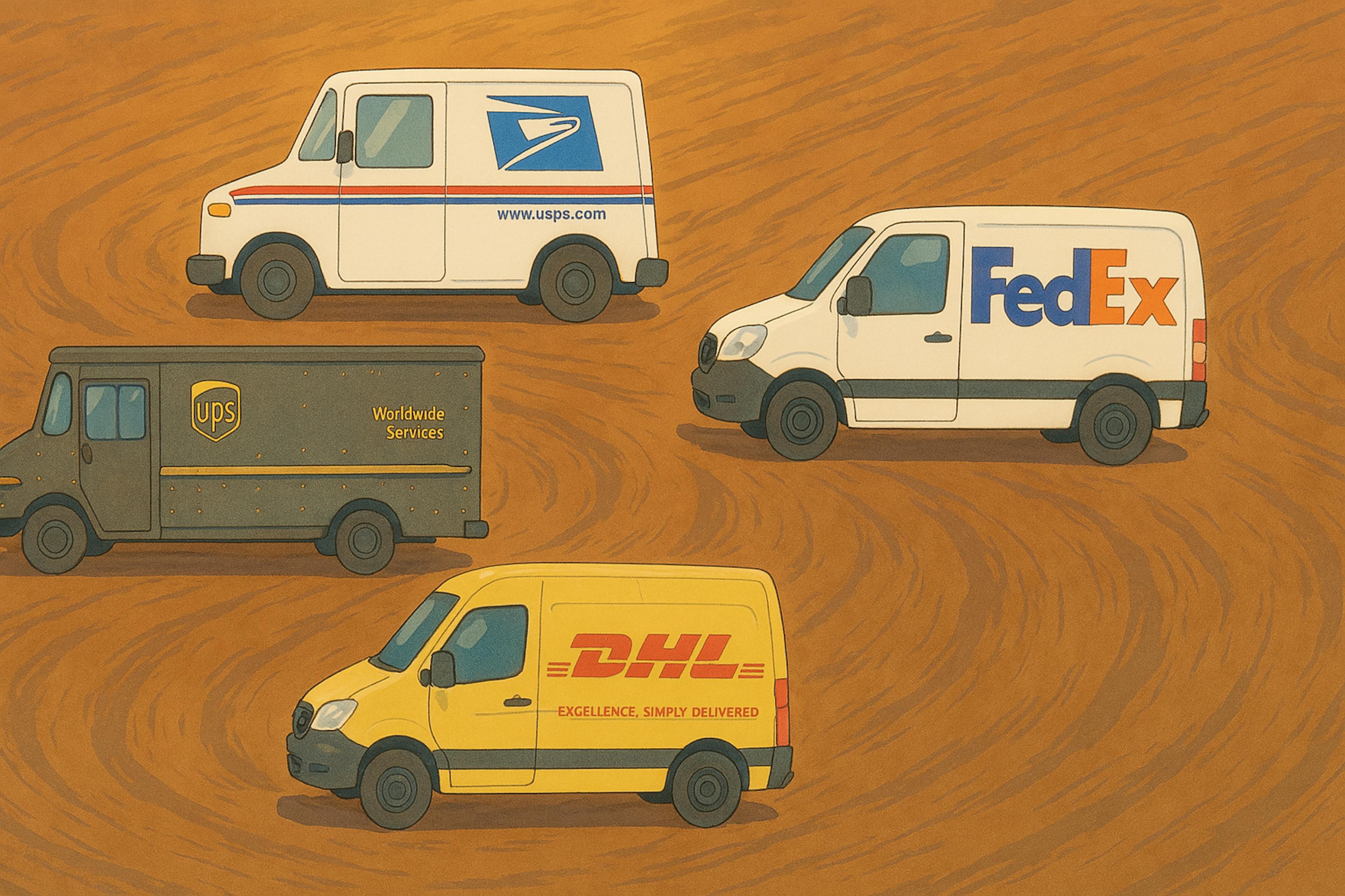 A Ghibli-style animated illustration of four delivery vans—USPS, UPS, FedEx, and DHL—neatly arranged on a warmly textured wooden surface, rendered with soft shading and painterly charm.