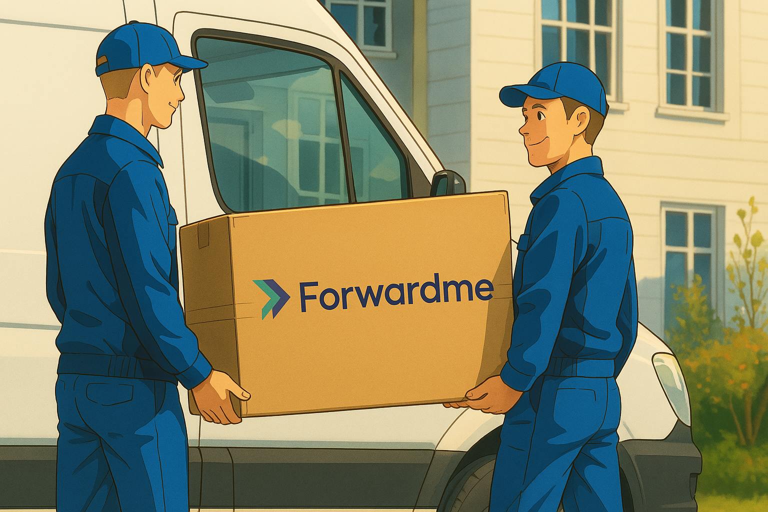 A Ghibli-style illustration of two delivery workers in blue uniforms carrying a large Forwardme-labeled box in front of a white van, set against a bright, peaceful residential backdrop.