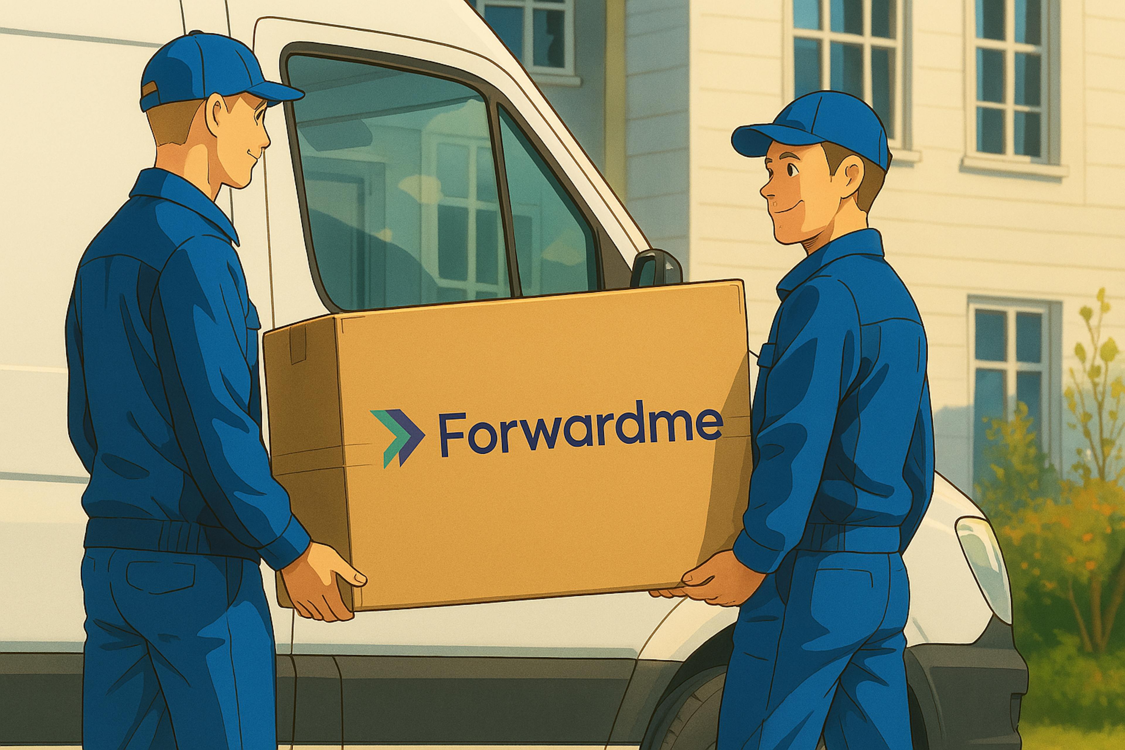 A Ghibli-style illustration of two delivery workers in blue uniforms carrying a large Forwardme-labeled box in front of a white van, set against a bright, peaceful residential backdrop.