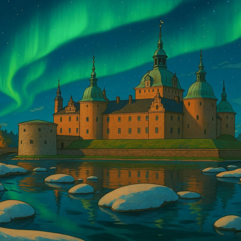 A Ghibli-style illustration of Kalmar Castle illuminated under the Northern Lights, with green auroras dancing in the night sky above the snow-dusted river and peaceful landscape.