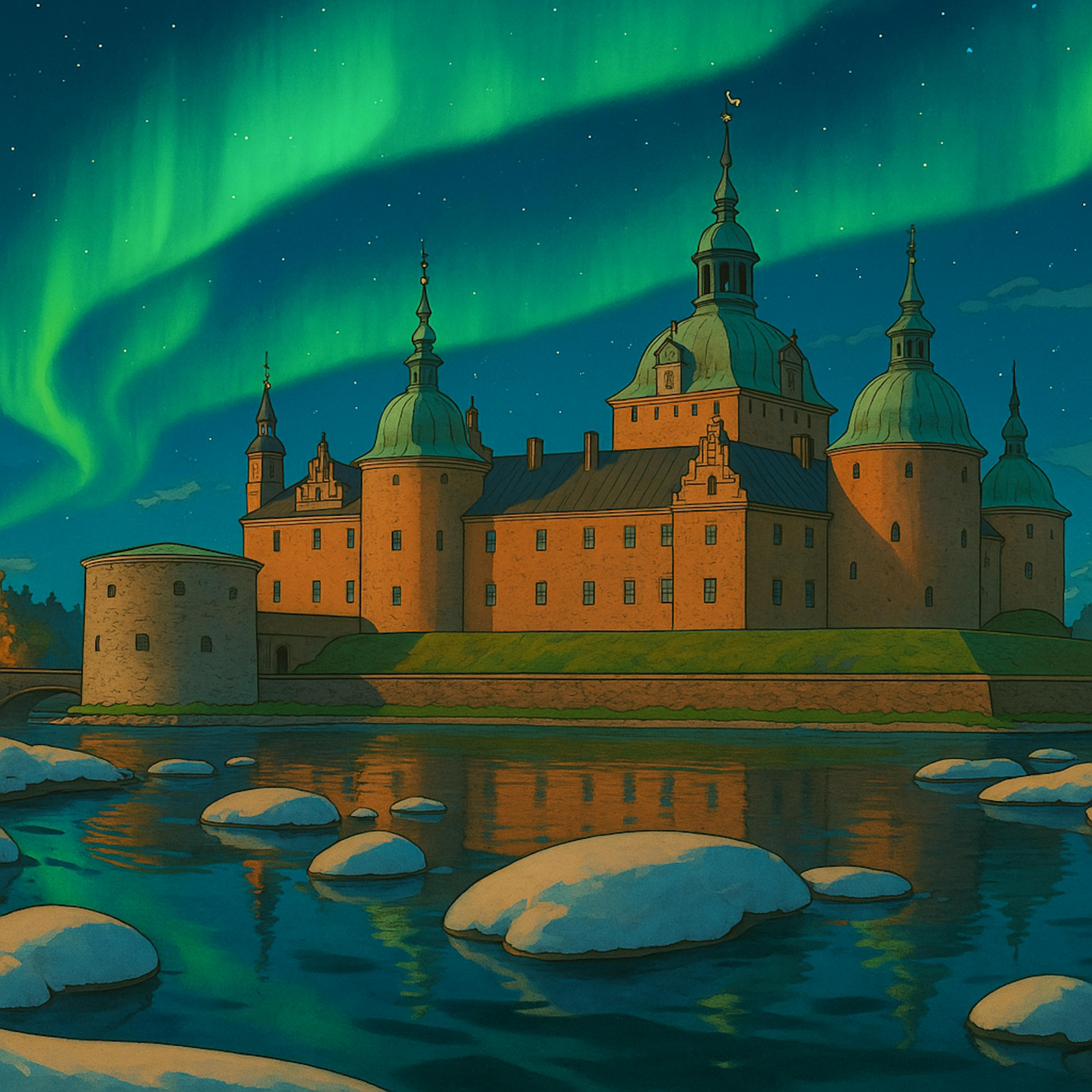 A Ghibli-style illustration of Kalmar Castle illuminated under the Northern Lights, with green auroras dancing in the night sky above the snow-dusted river and peaceful landscape.