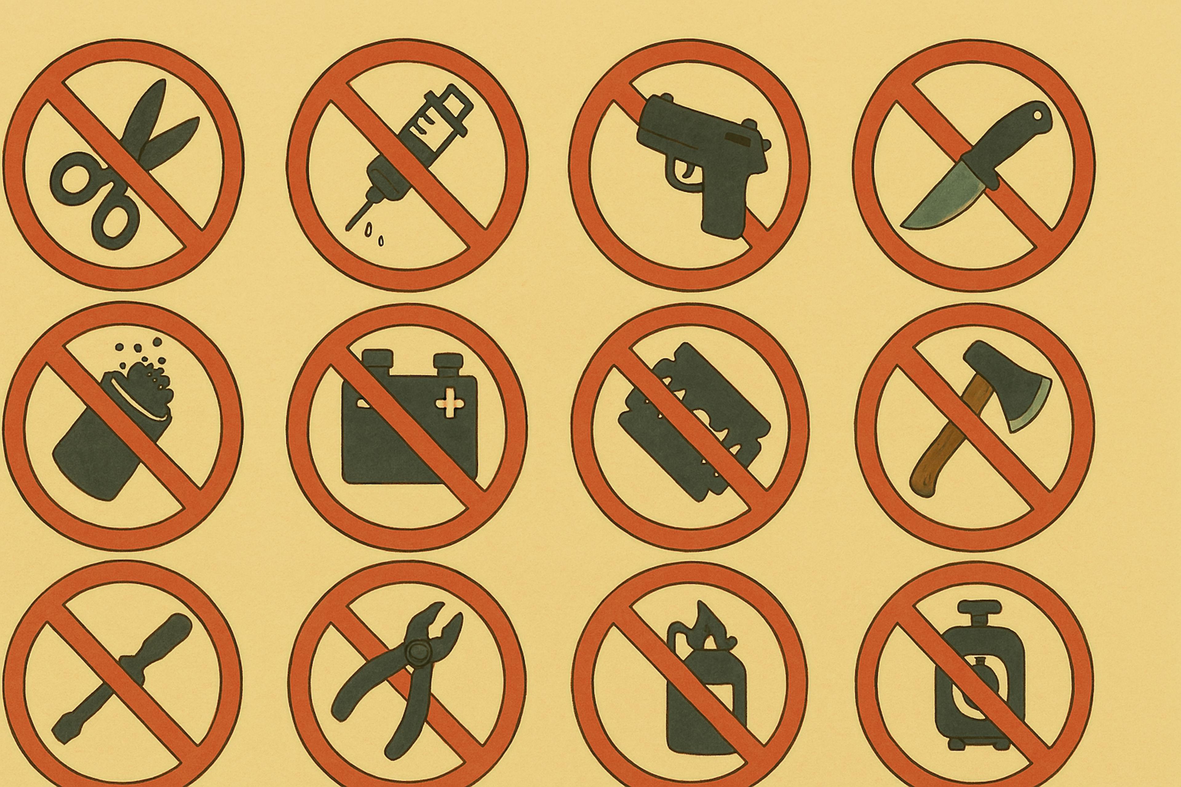 A Ghibli-style digital illustration of twelve prohibited items including scissors, syringes, guns, knives, razors, and flammable materials, each inside a red circle with a diagonal slash, displayed on a warm beige background