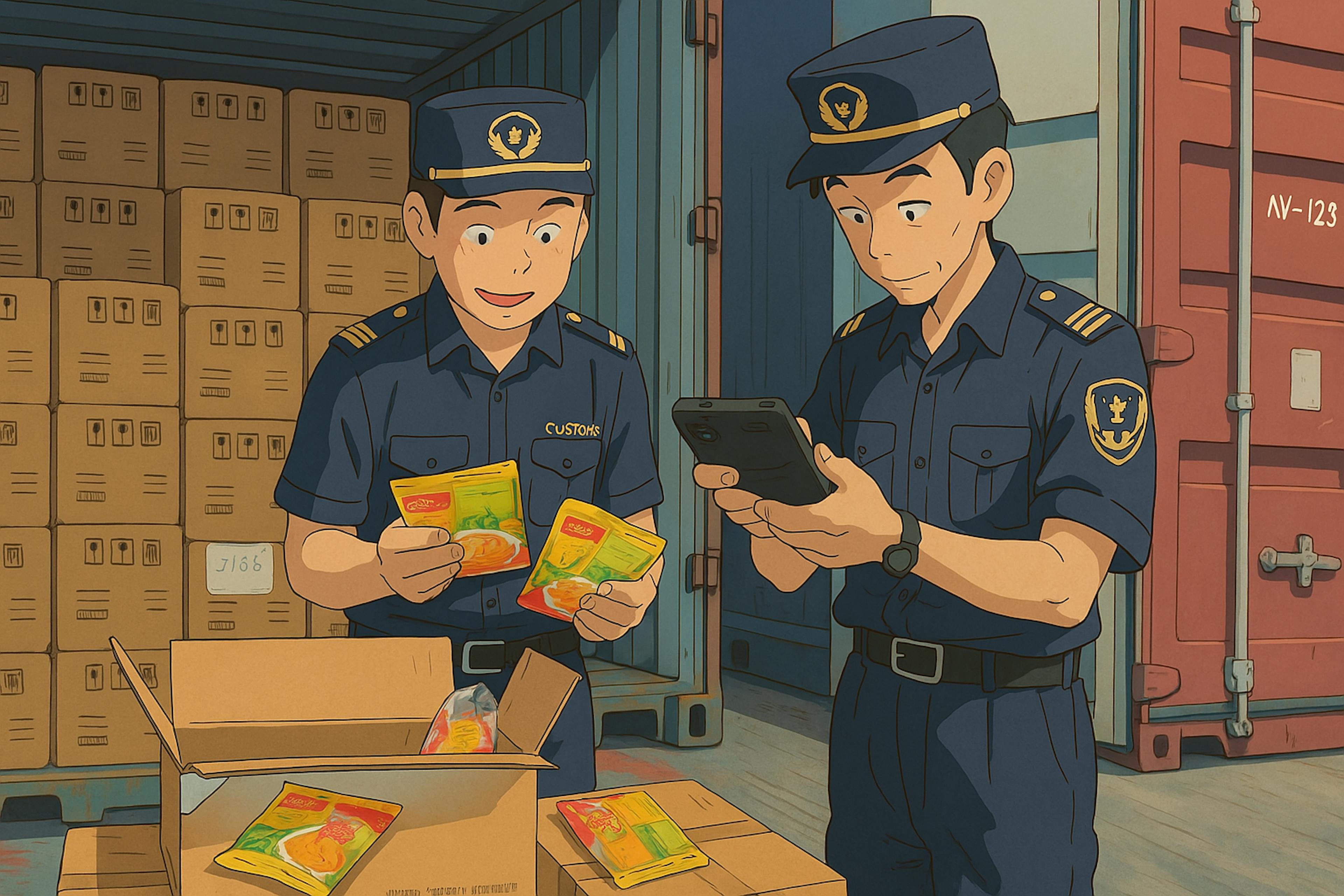 A Ghibli-style illustration of two customs officers inspecting packages from a shipping container, with stacks of cardboard boxes in the background and one officer scanning documents while the other holds food packets.