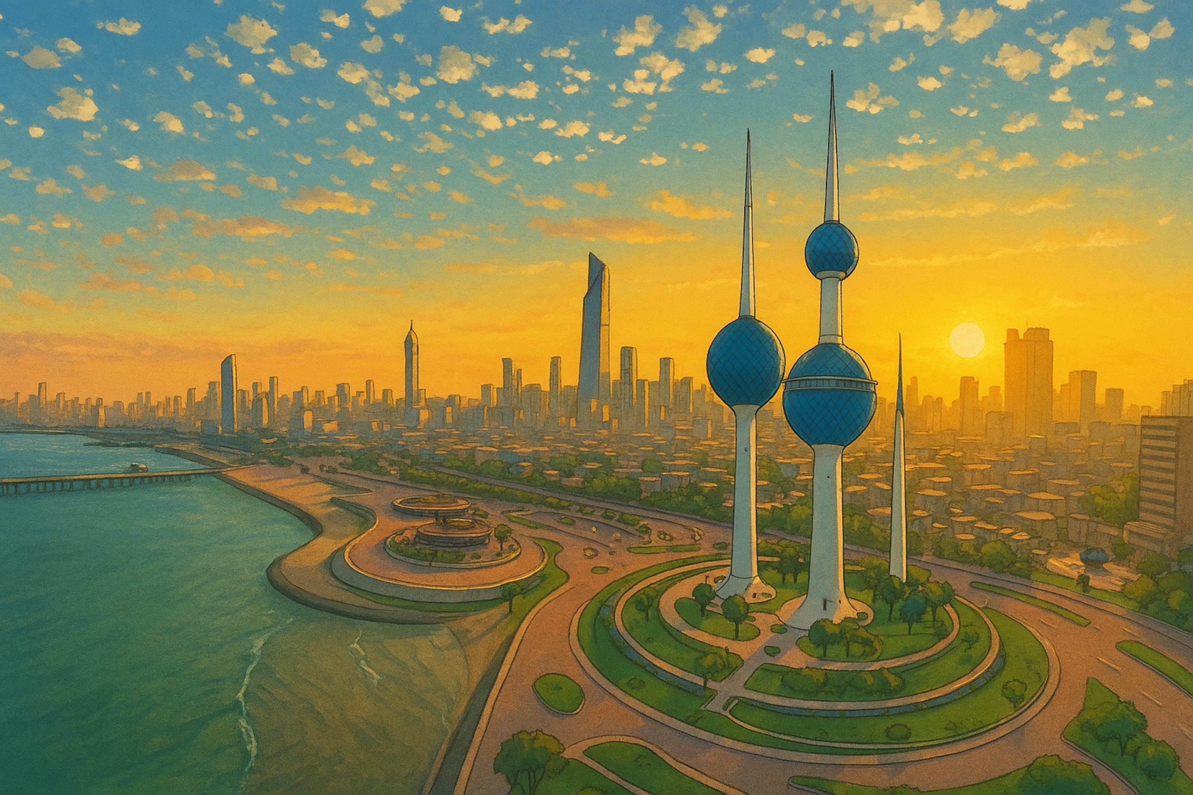 A Ghibli-style illustration of Kuwait City at sunset, featuring the iconic Kuwait Towers in the foreground with their blue-domed tops, a glowing orange sky, and a sprawling city skyline along the shoreline.