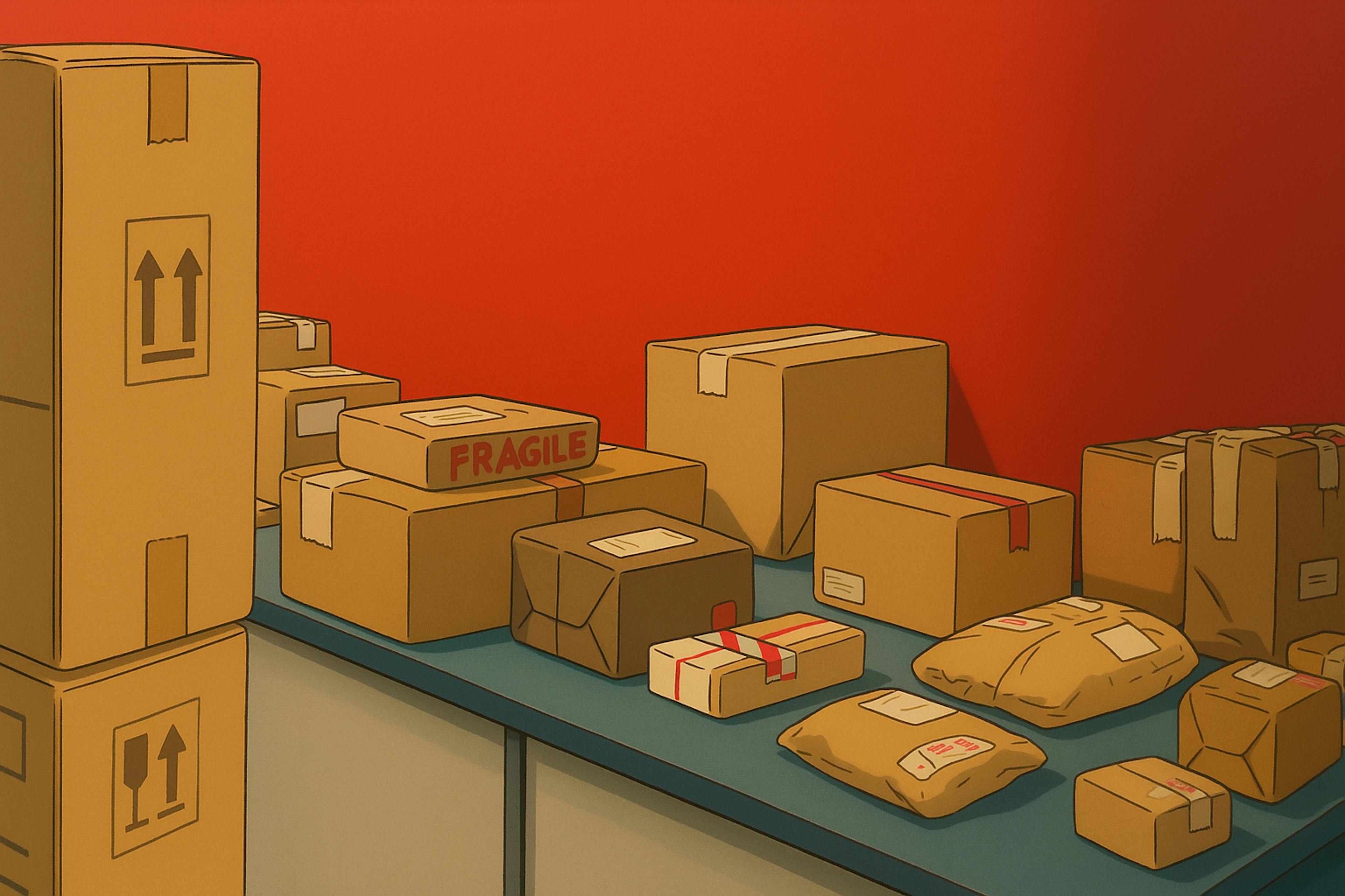 A Ghibli-style animated illustration of various cardboard parcels neatly arranged on a table in front of a vivid red wall, with soft shadows and a warm, cozy ambiance.